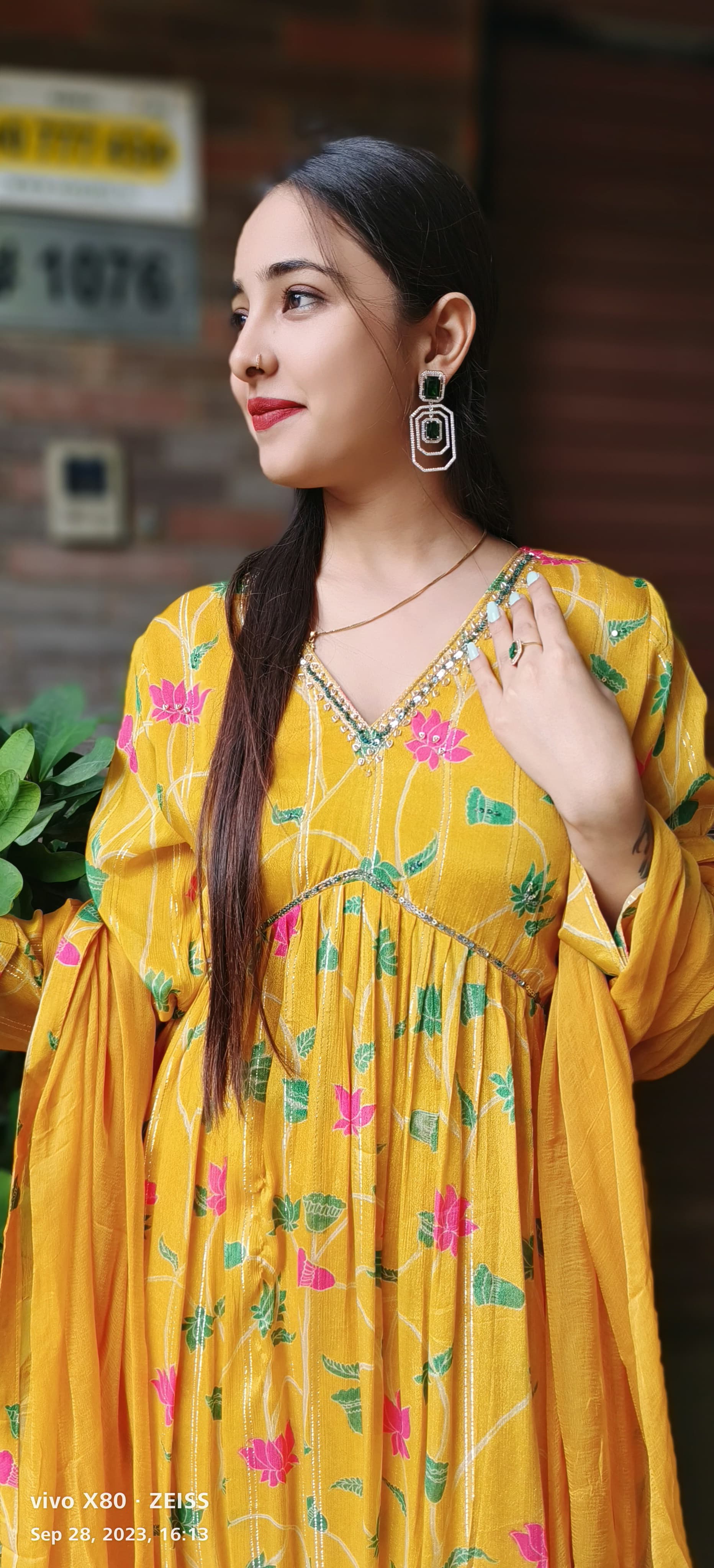 Lurix embroidery floral printed chinon aliya with Nyra cut kurta with pant set and chiffon dupatta DRY WASH-02757}