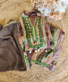 Brown and green Beautiful Cotton embroidered neck kurta with tulip pants with dupatta (Set of 3)