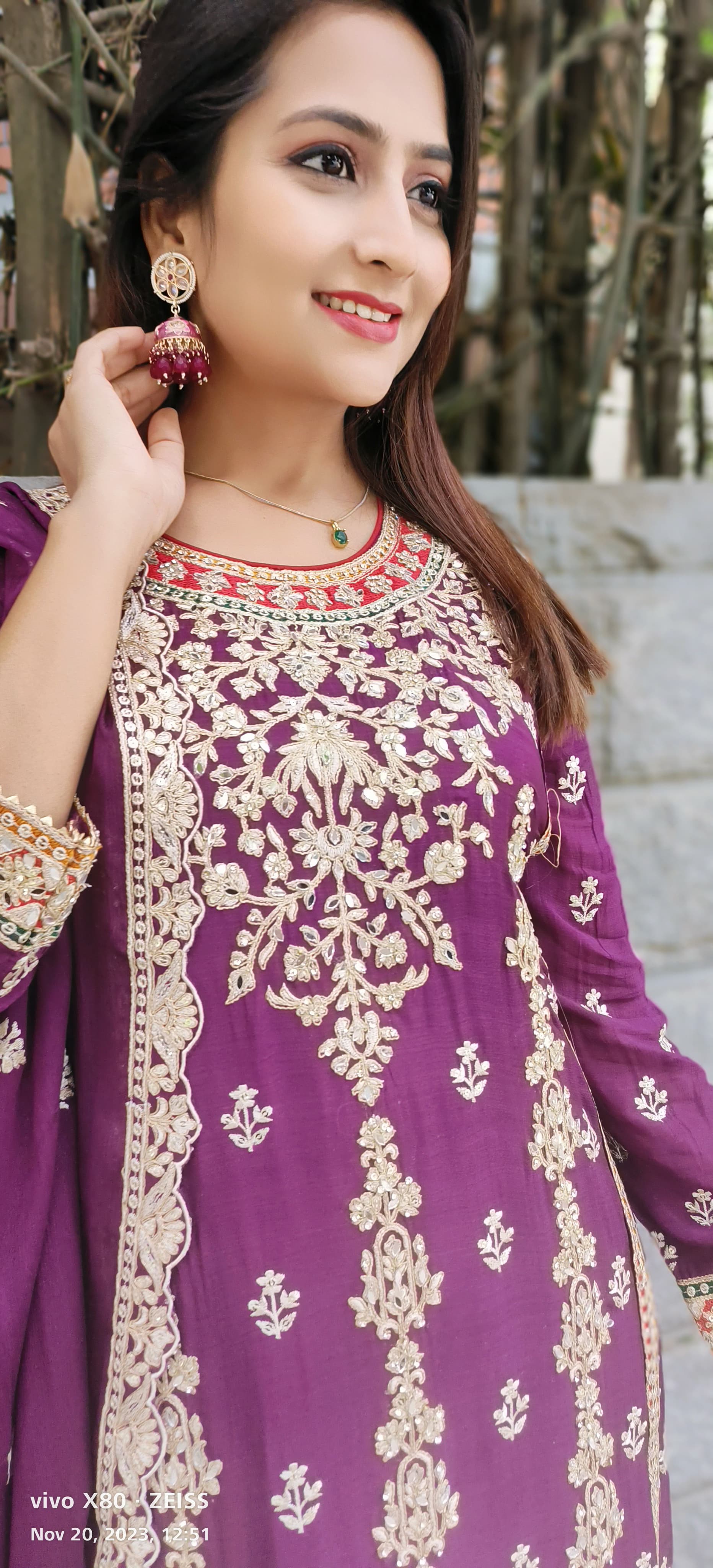 Beautiful Purple Designer heavy party wear full embroidered kurta set with loose palazzo and dupatta DRY WASH- 03558}