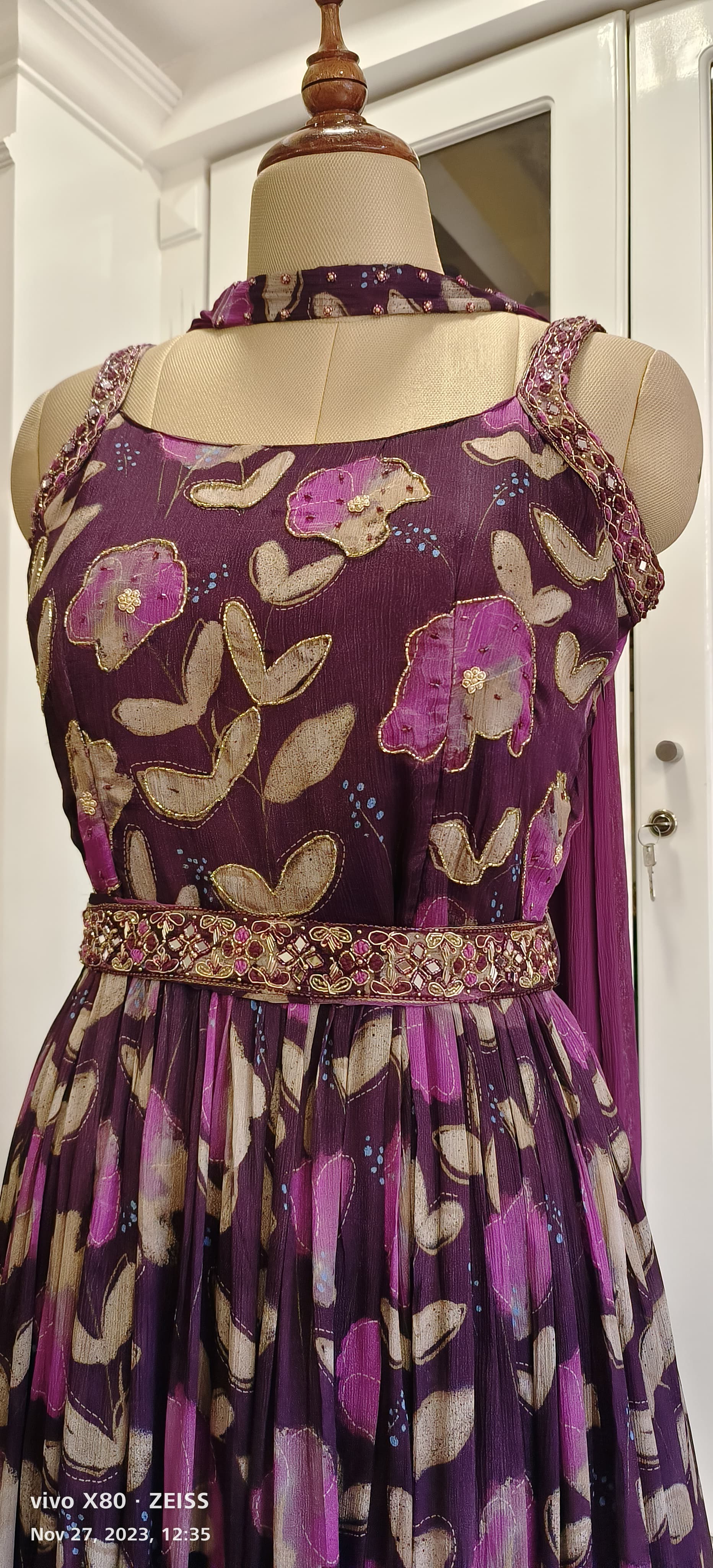 Stylish strap Embroidered Chinon floral printed Gown with dupatta with belt Set of 2-03080}
