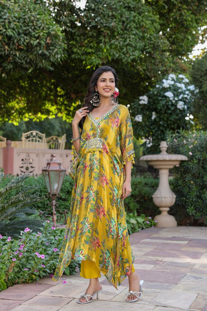 Satin chiffon Indo western embroidered kaftanstyle co ord set -03790