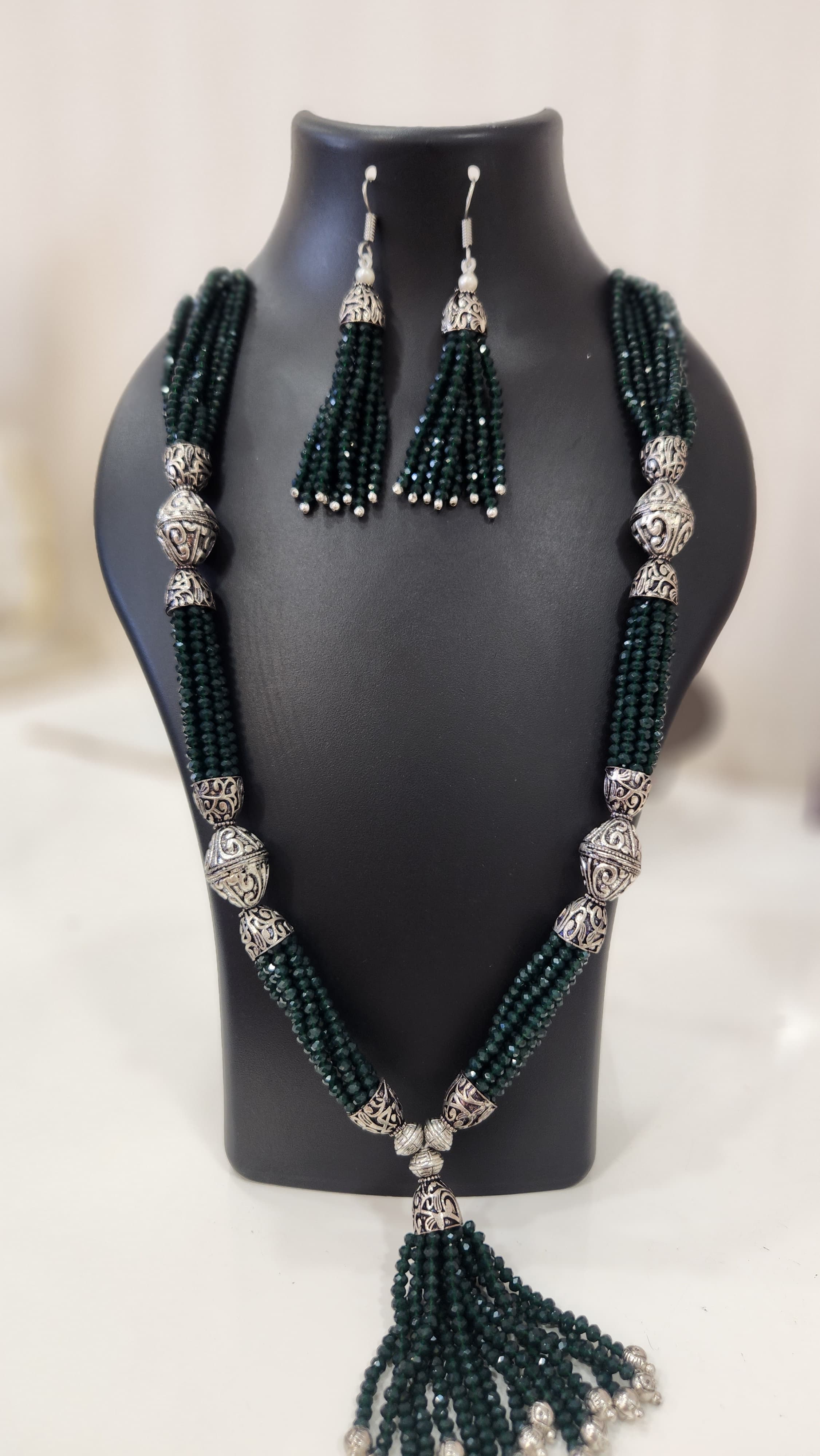Bottle green Stone Studded & Beaded Tasselled Necklace with earrings