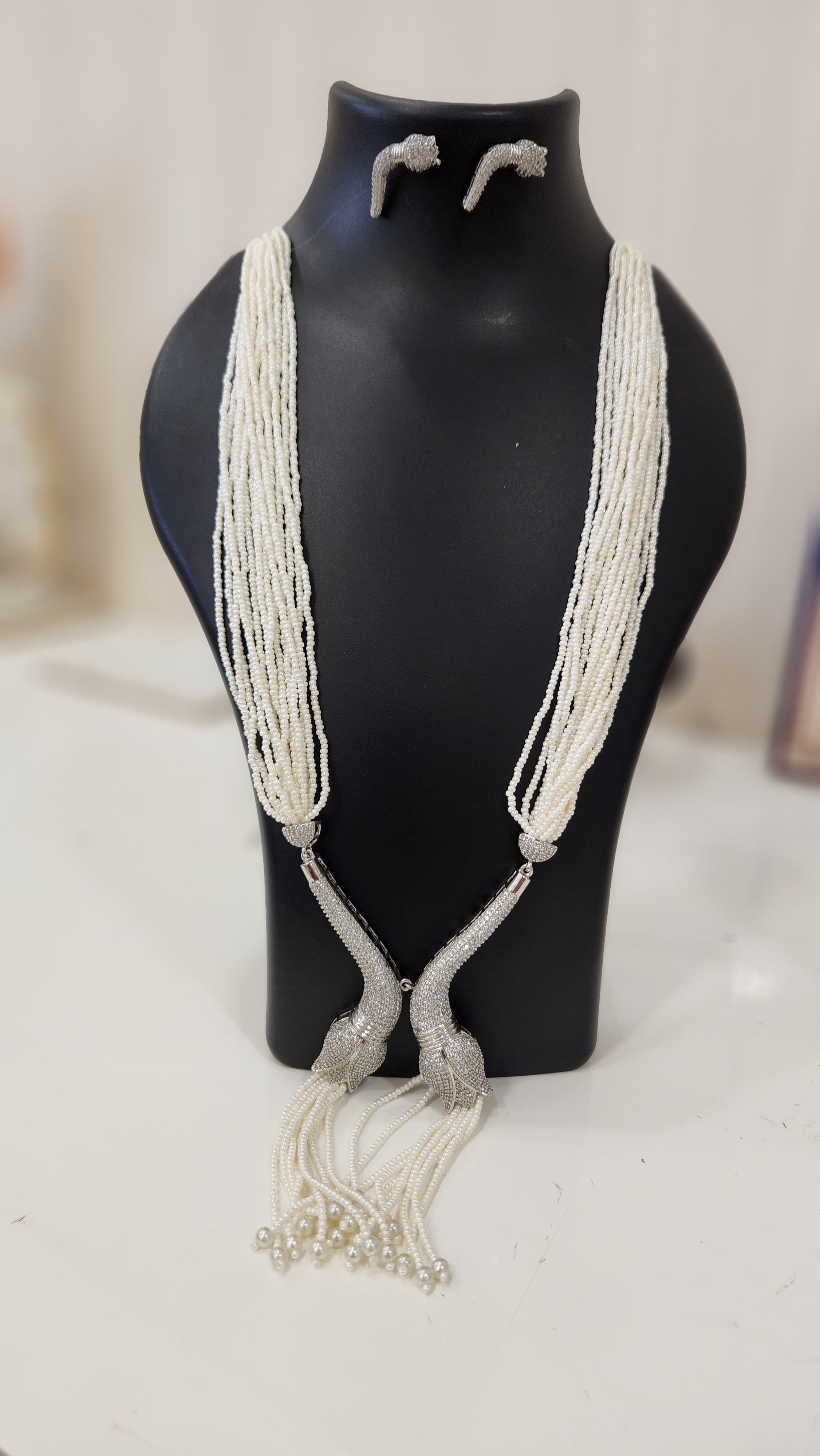 White Stone Studded & Beaded Tasselled Necklace with earrings