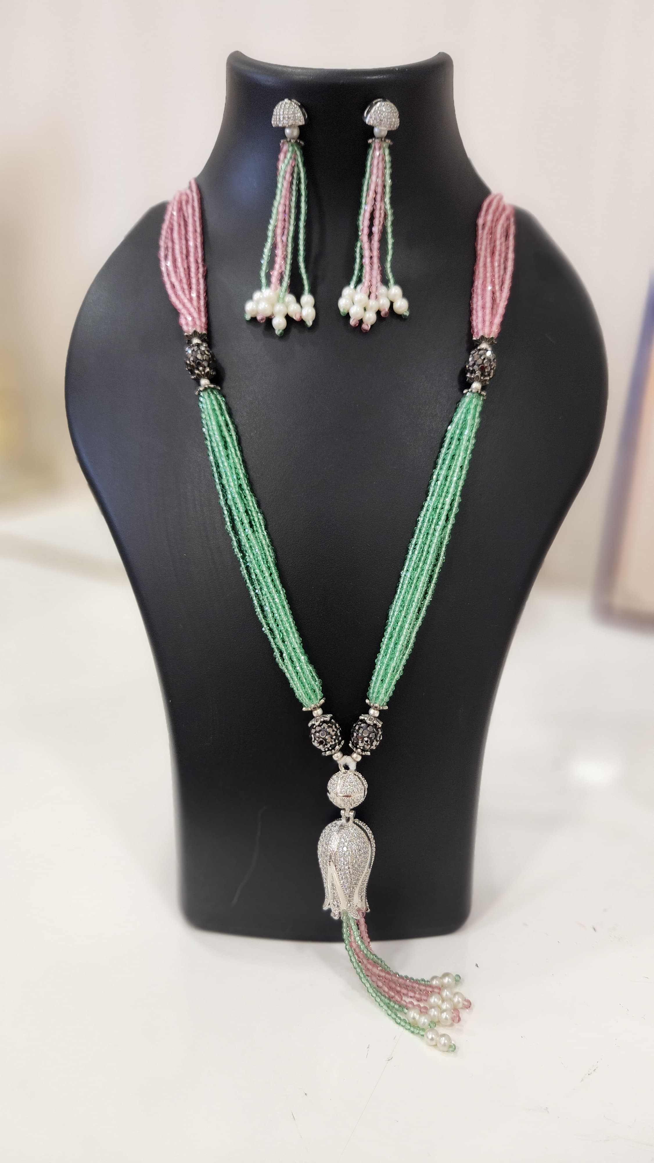 Green & Pink Stone Studded & Beaded Tasselled Necklace with earrings