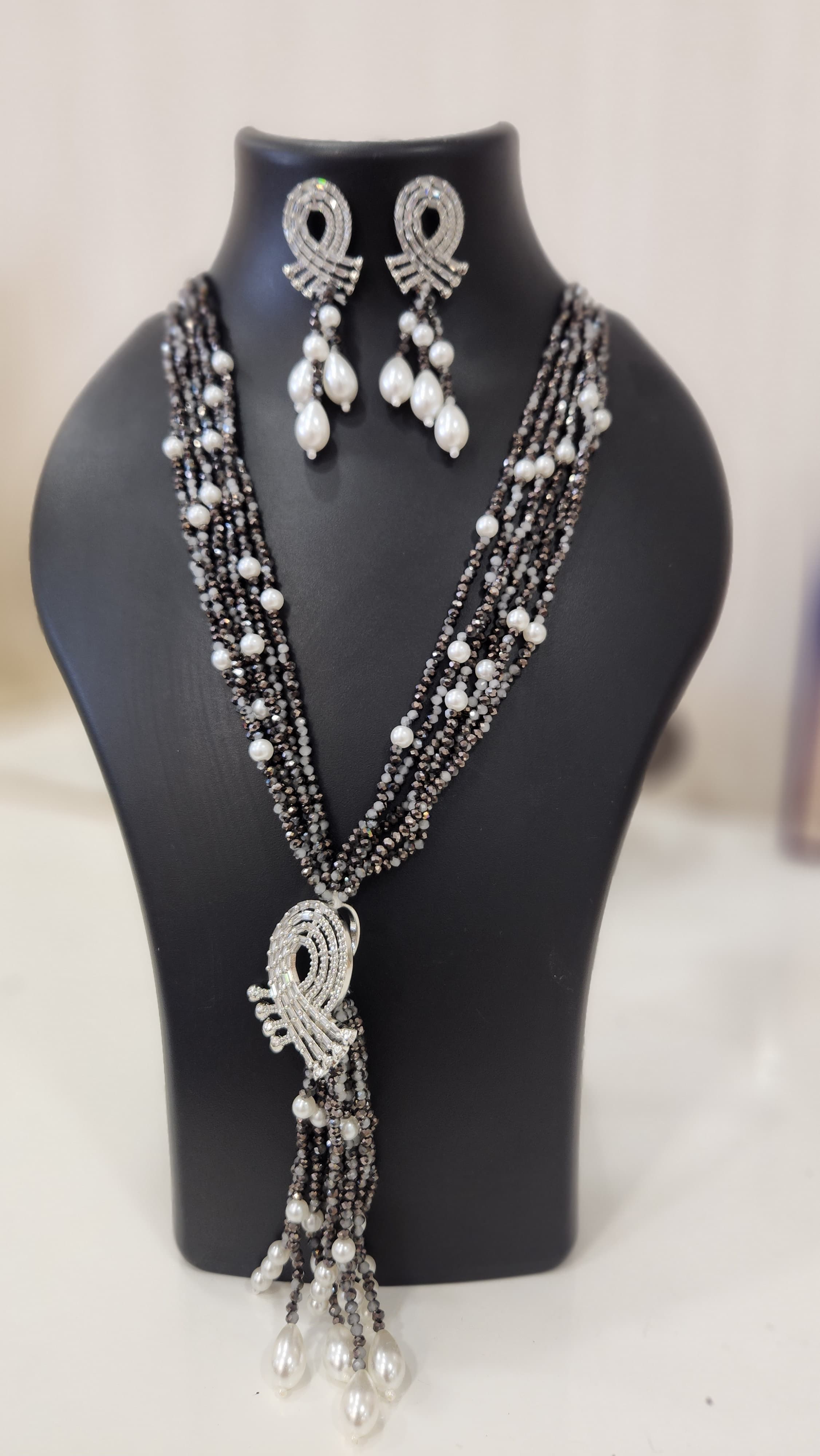 Stylish  Indo Western Two Tone white with black beads Long Necklace