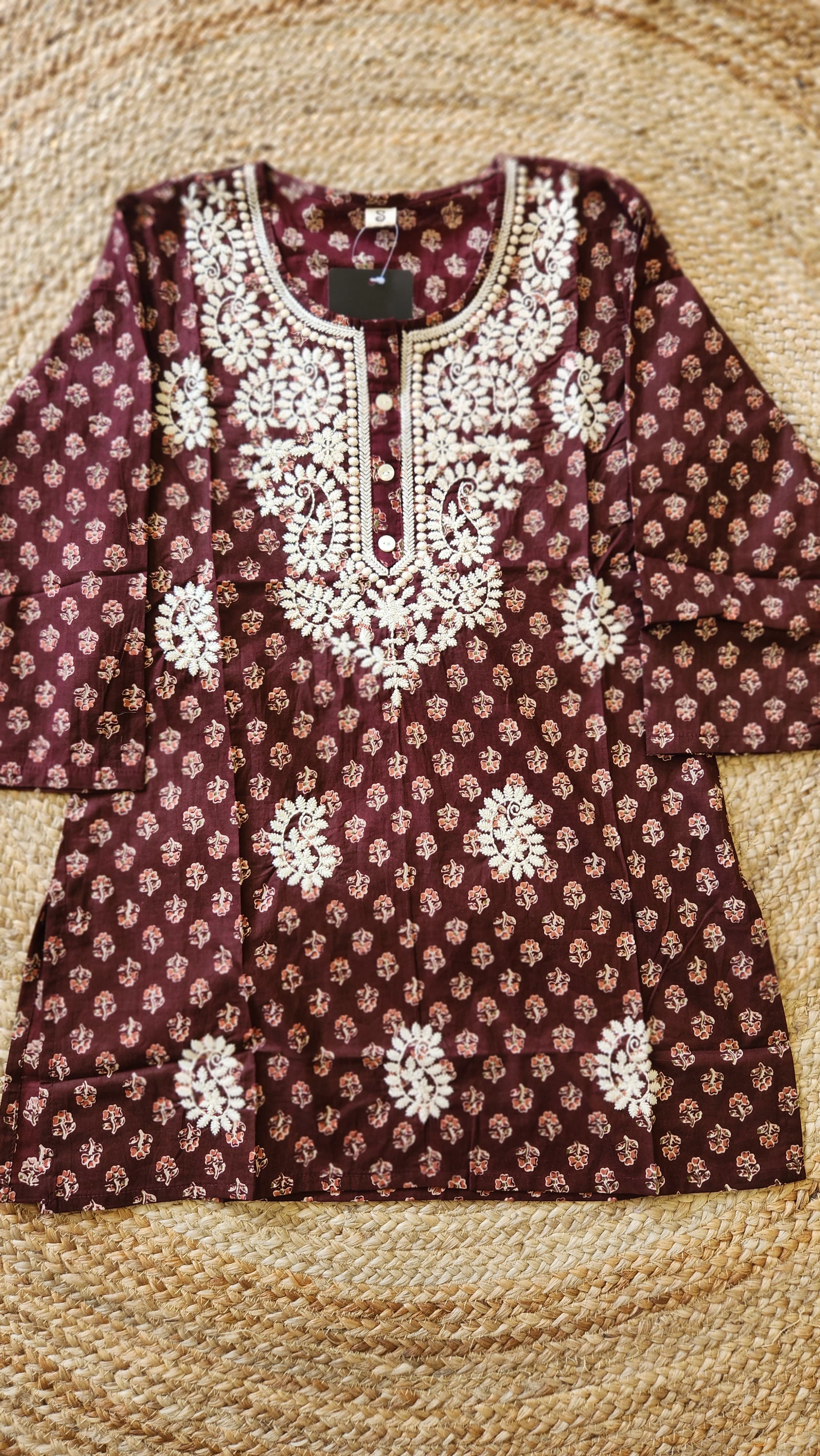 Floral Thread embroidery Cotton summer only short kurti-03979