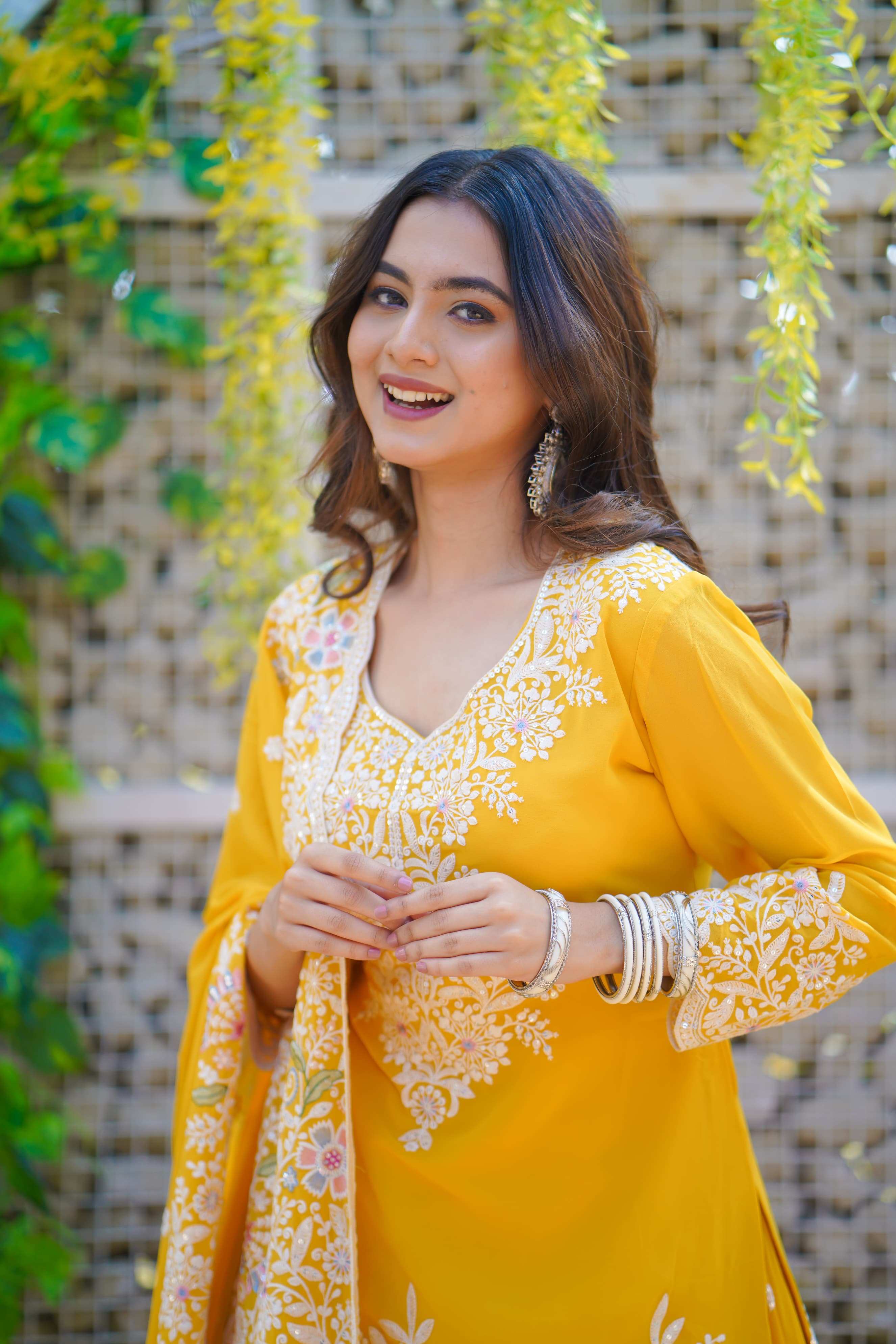 Beautiful yellow hand thread embroidered georgette kurta with heavy party wear skirt and dupatta set DRYWASHONLY-04071