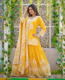 Beautiful yellow hand thread embroidered georgette kurta with heavy party wear skirt and dupatta set DRYWASHONLY-04071