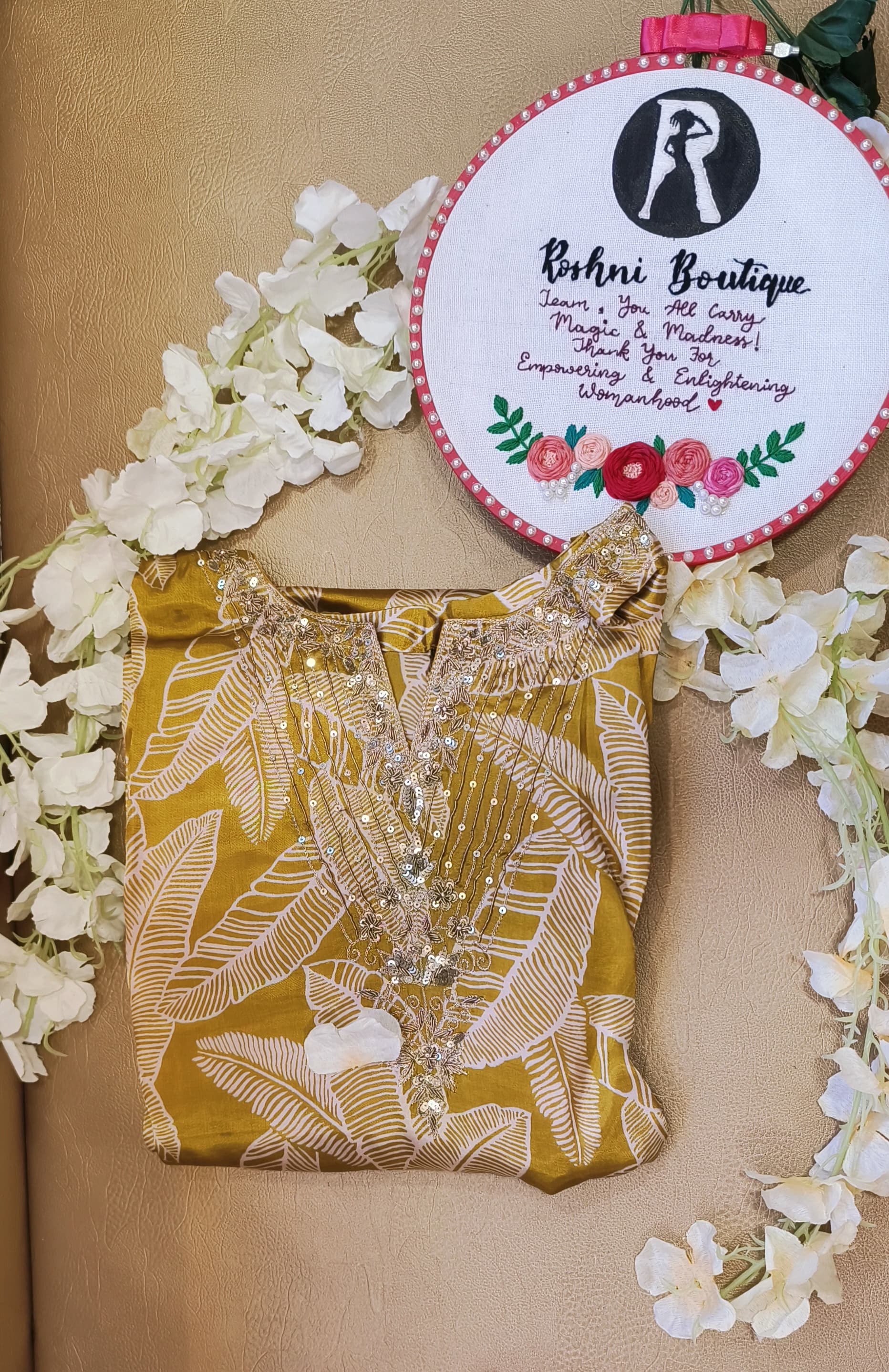 V-neck zari work embroidery gajji silk floral print full set with chiffon dupatta DRY WASH-03537}