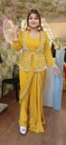 Designer drape saree Stylish cut dana embroidery heavy padded  Blouse drape style ruffel saree  with belt sleeves attached inside DRY WASH -04043