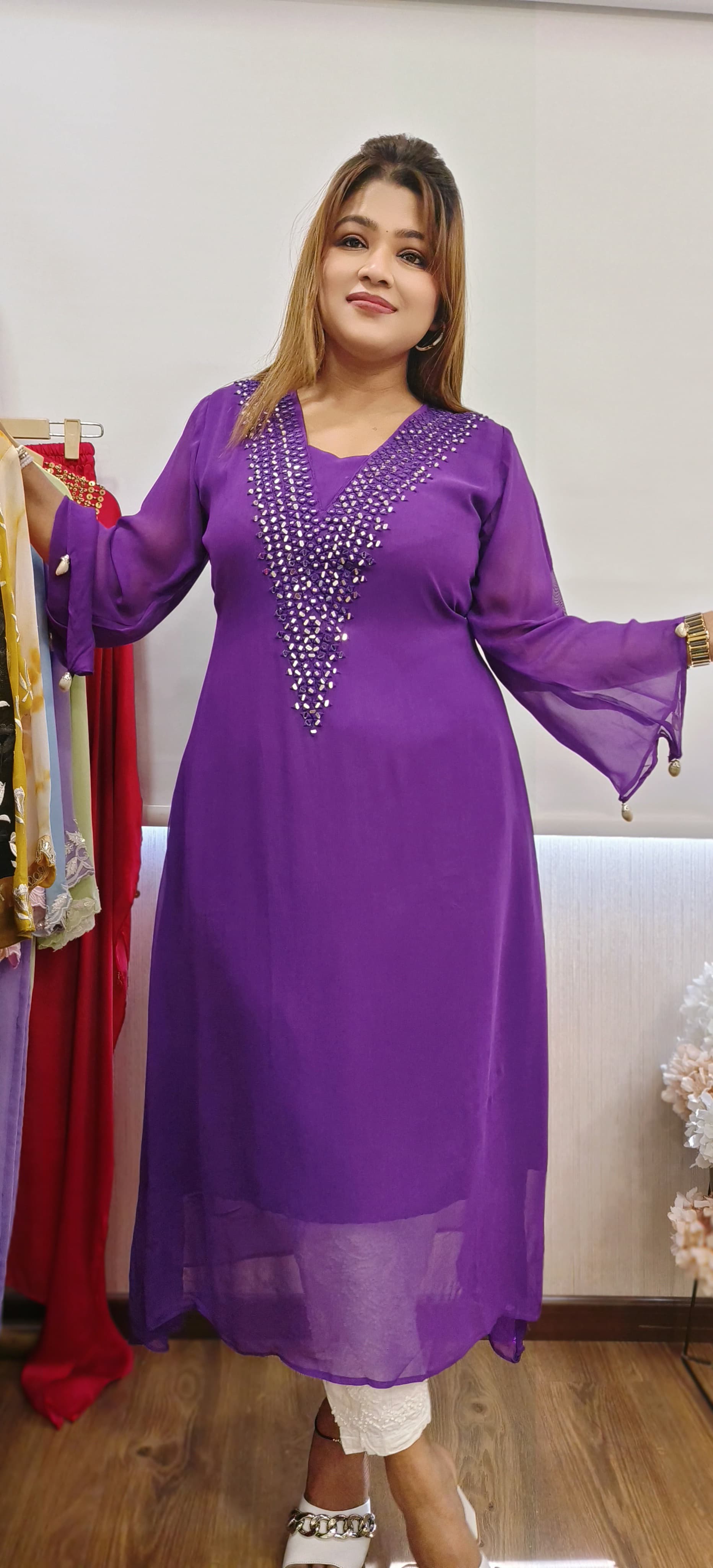 Solid colour Real mirror georgette up and down only kurta-} Dispatching after 20 days