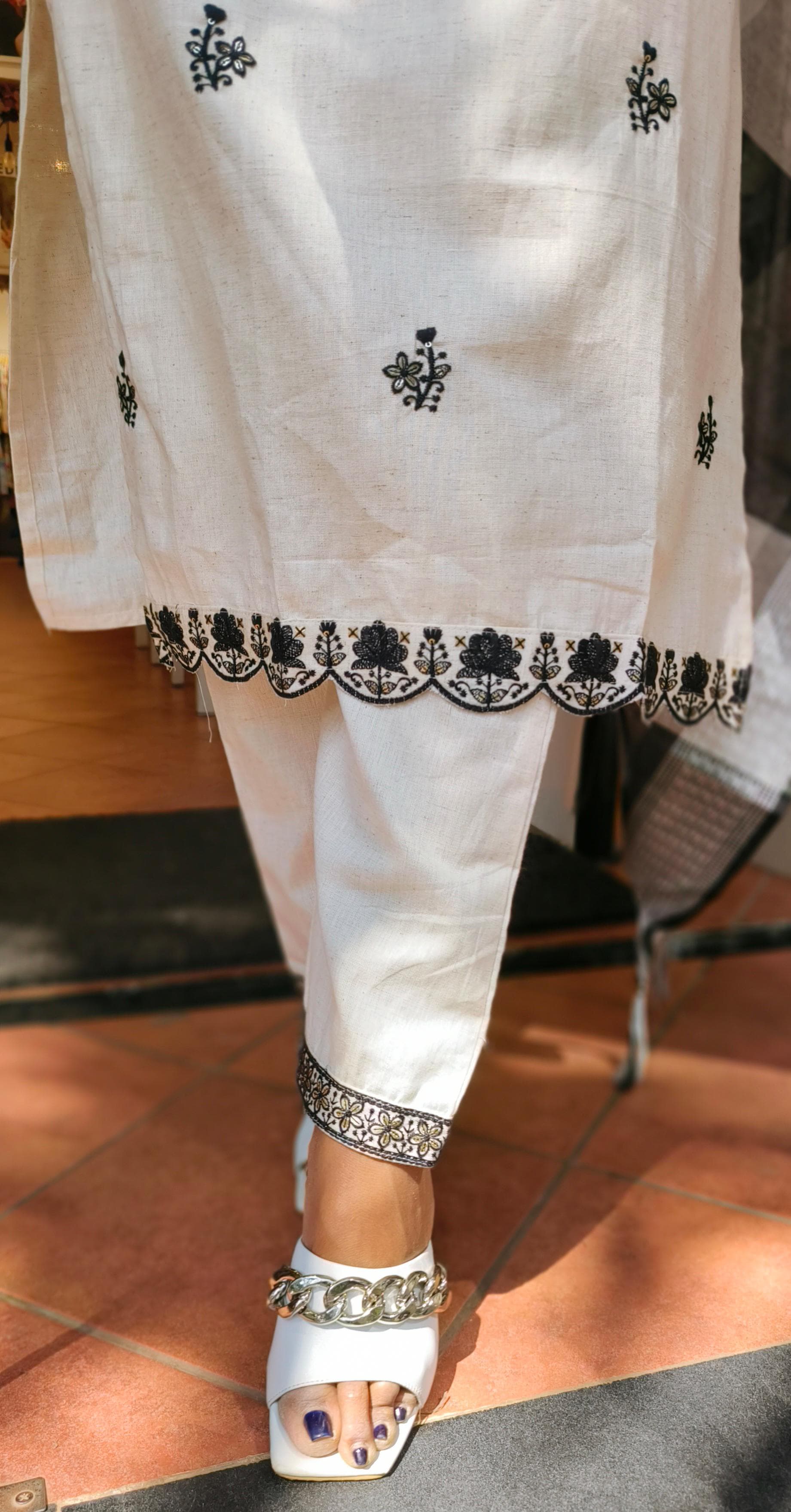 Elegant Off-White Black Thread Embroidered Flex Cotton Full Suit Set -04369