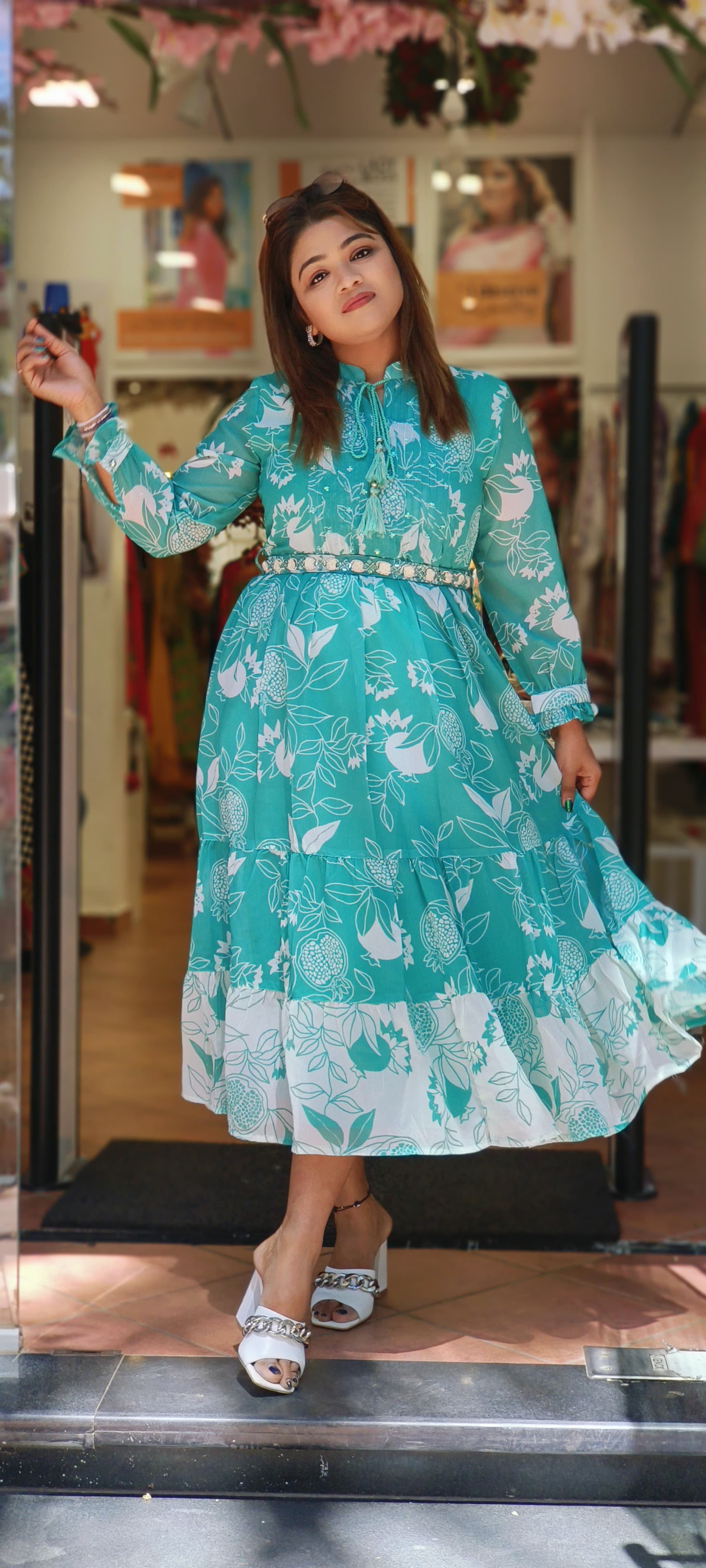 Pollygeorgette Sea Green Floral Frock with Embroidered Belt -04397