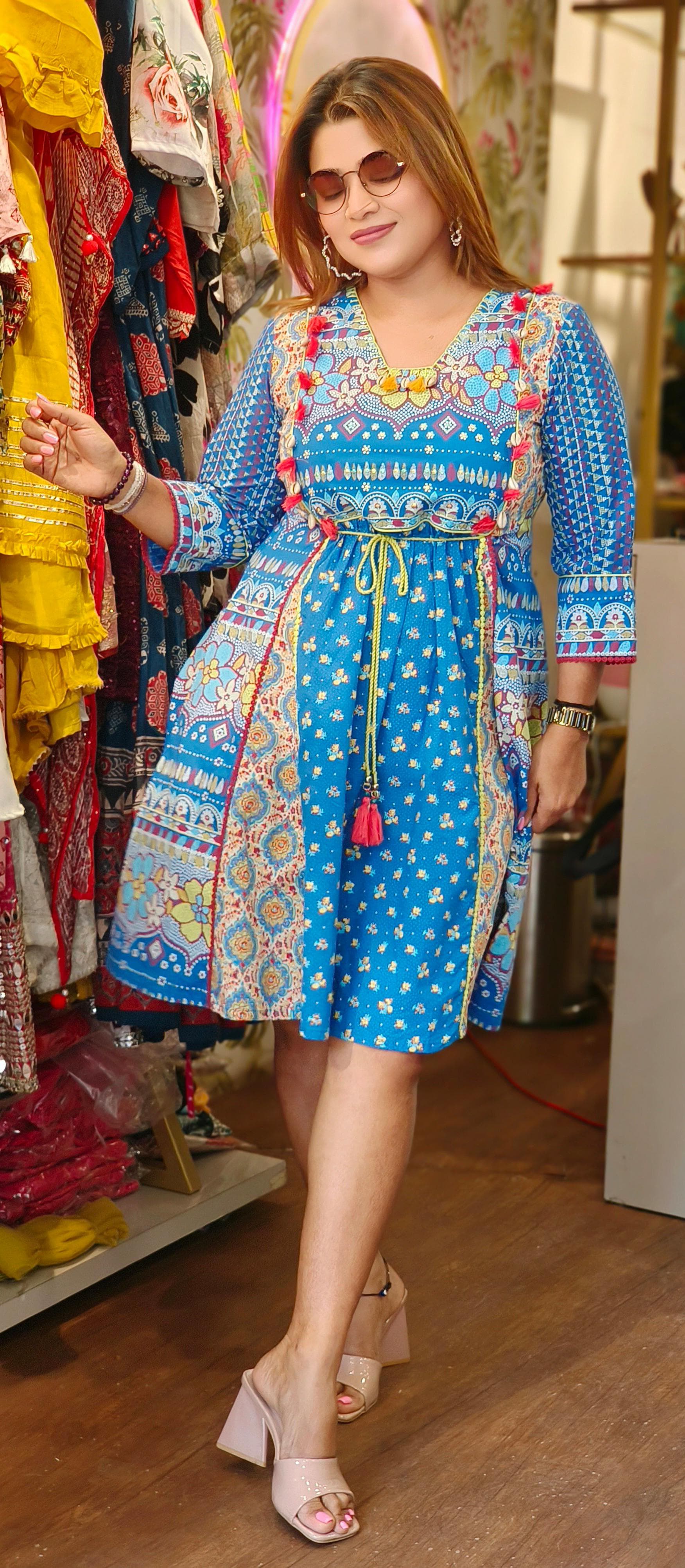 Printed Knee Length Frock With Dori -04445