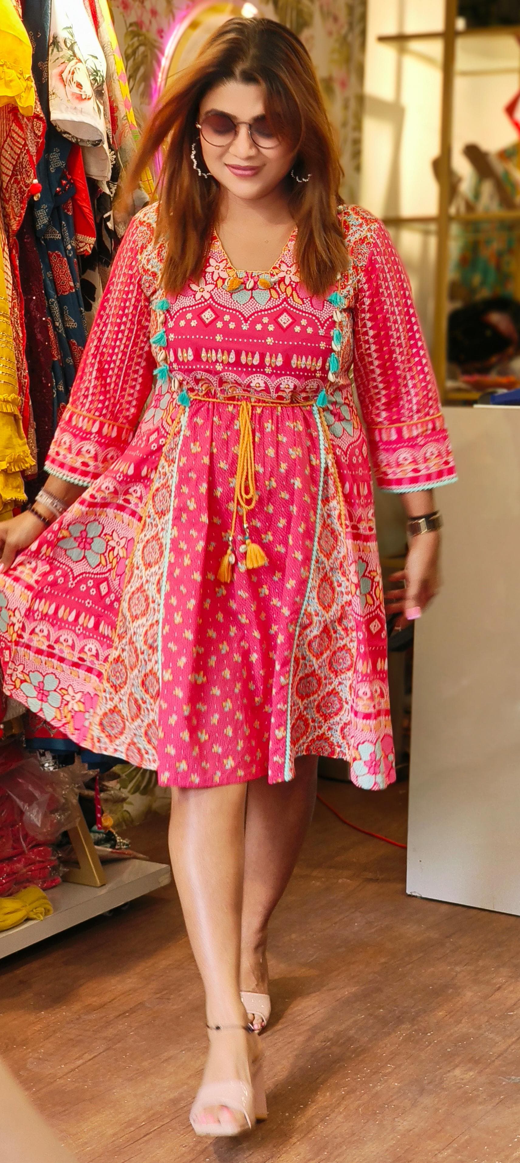 Printed Knee Length Frock With Dori -04445