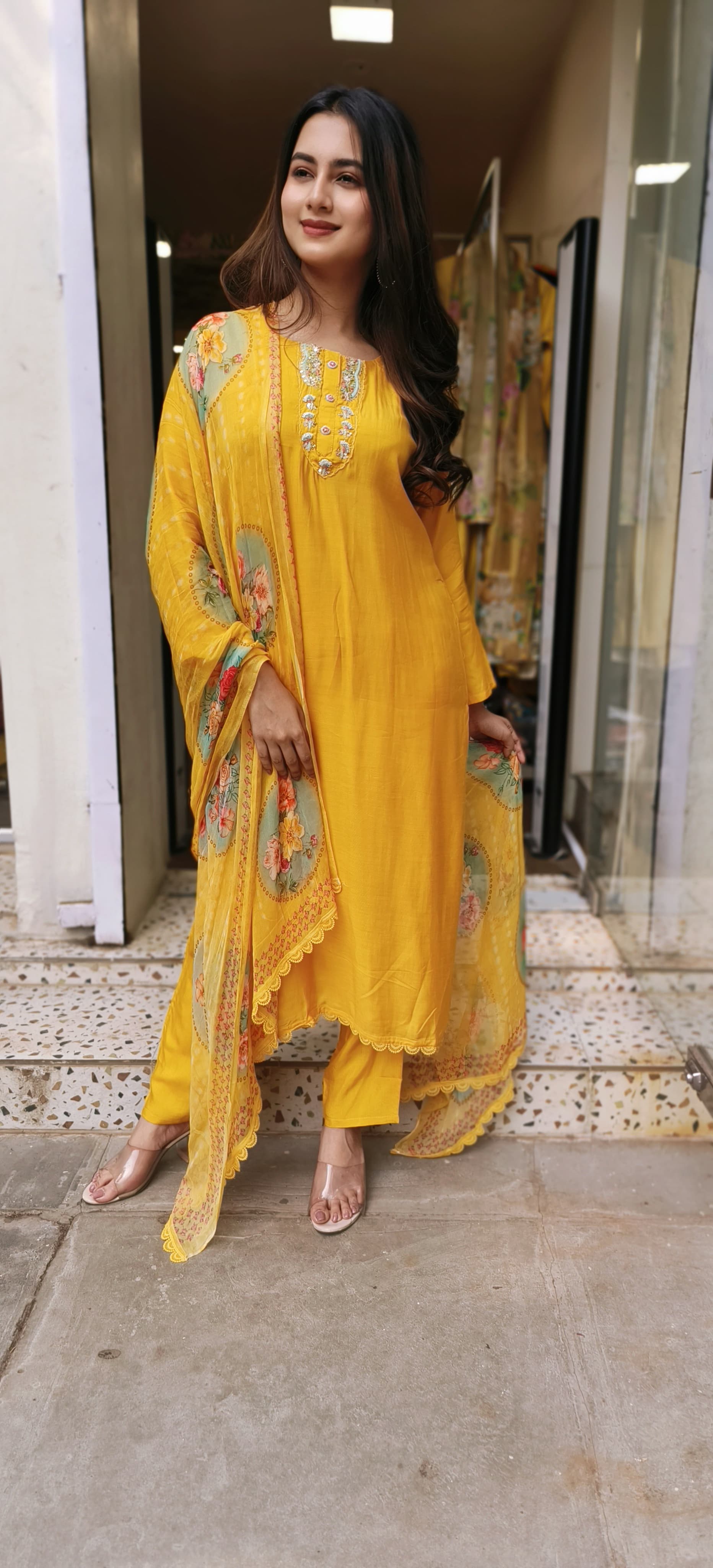 Embroidered Mango Yellow Muslin Full Suit Set With Floral Chiffon Dupatta-04498