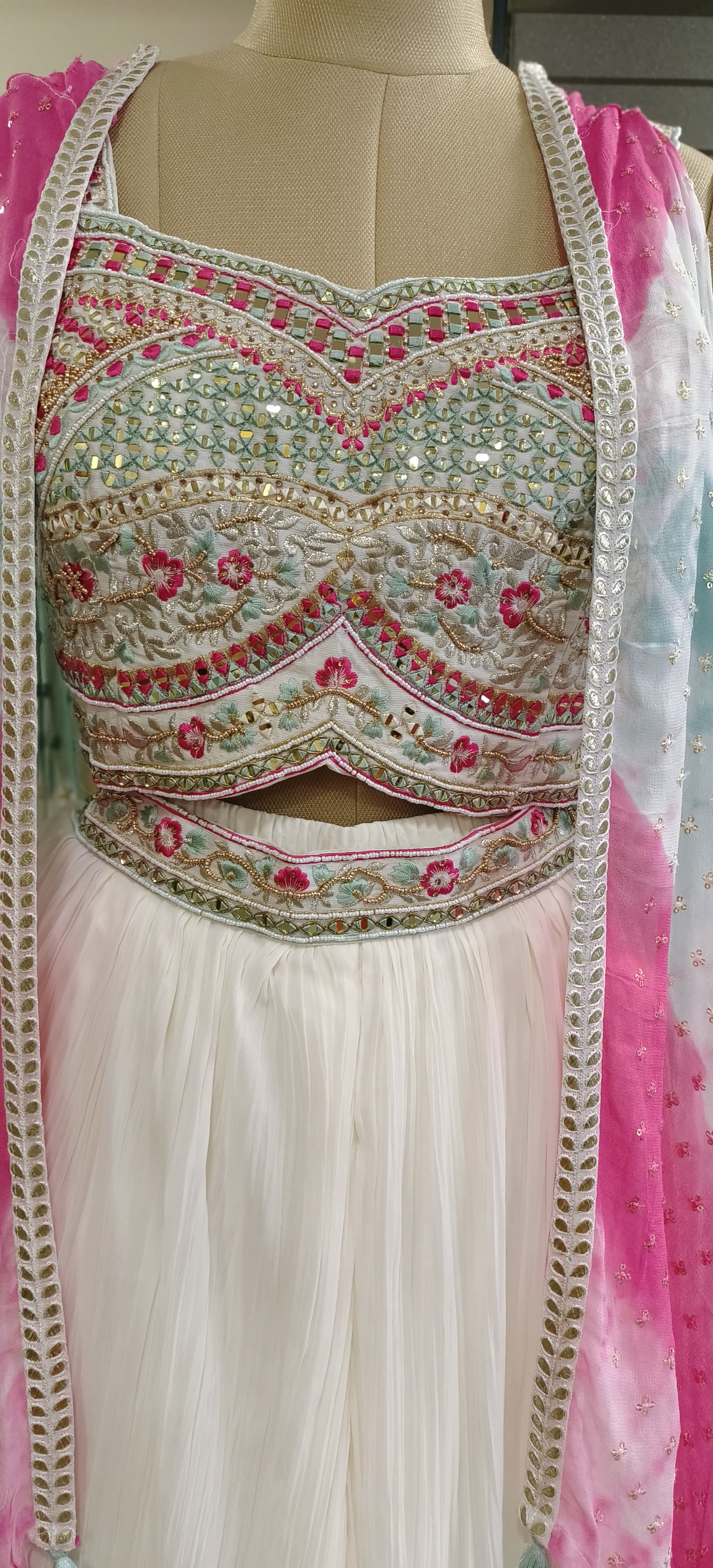 Stylish Indo-western Mirror Embroidered Crop Top With Crushed Palazzo And Shaded Shrug Set Drywashonly-04307