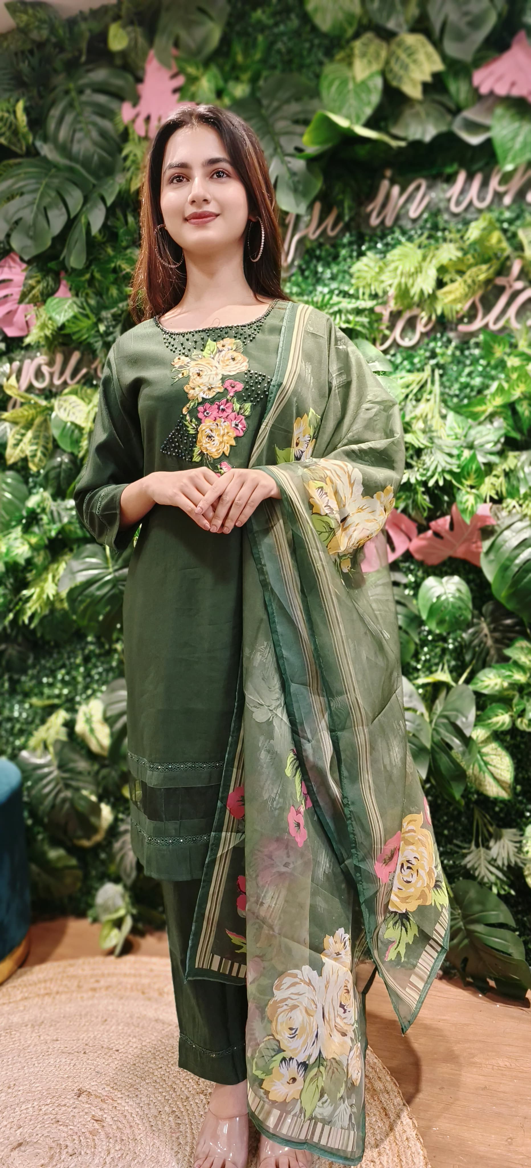 Cotton Silk Solid Shade Patch Work Full Suit Set With Floral Floral Orangza Dupatta-04542