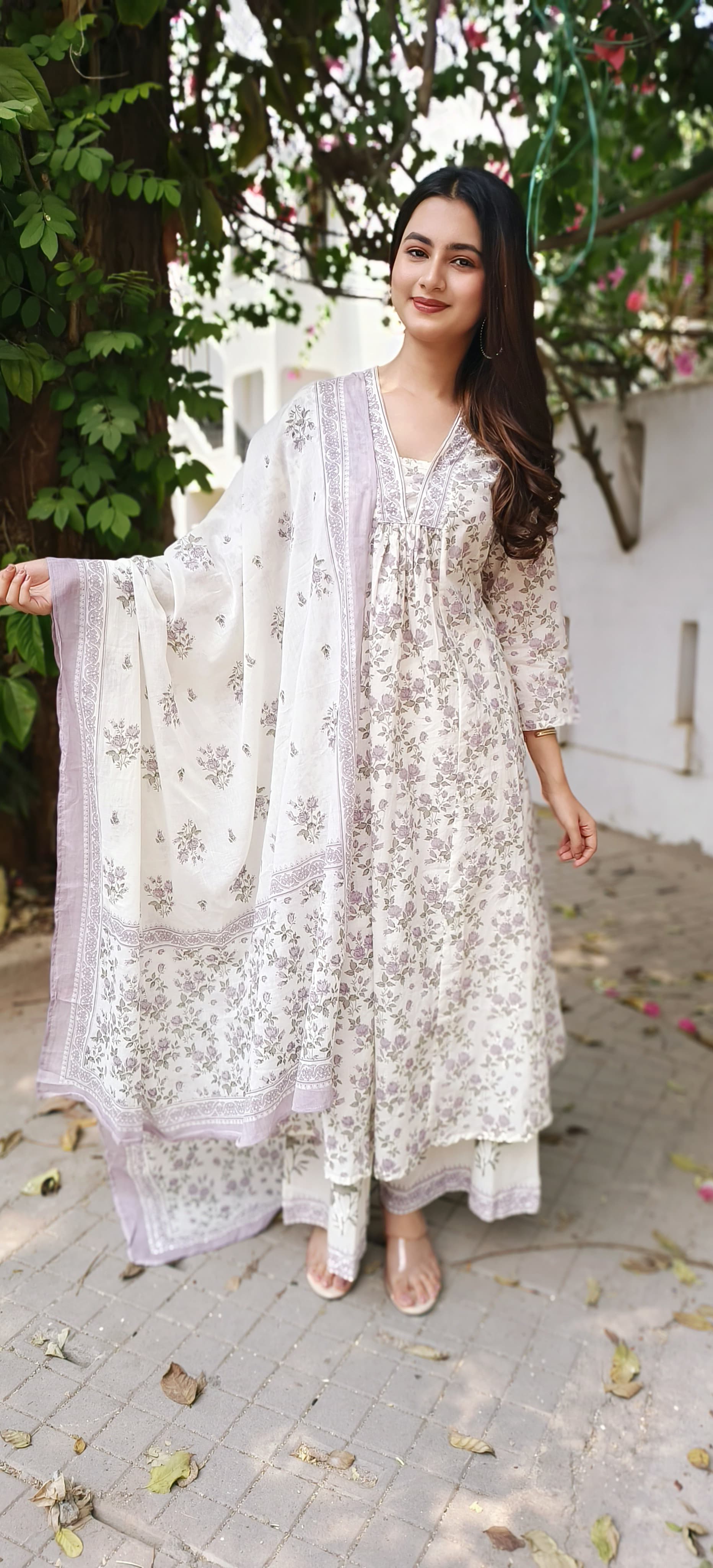 Beautiful Anarkali Floral Purple With White Printed Full Suit Set With Cotton Dupatta-04489
