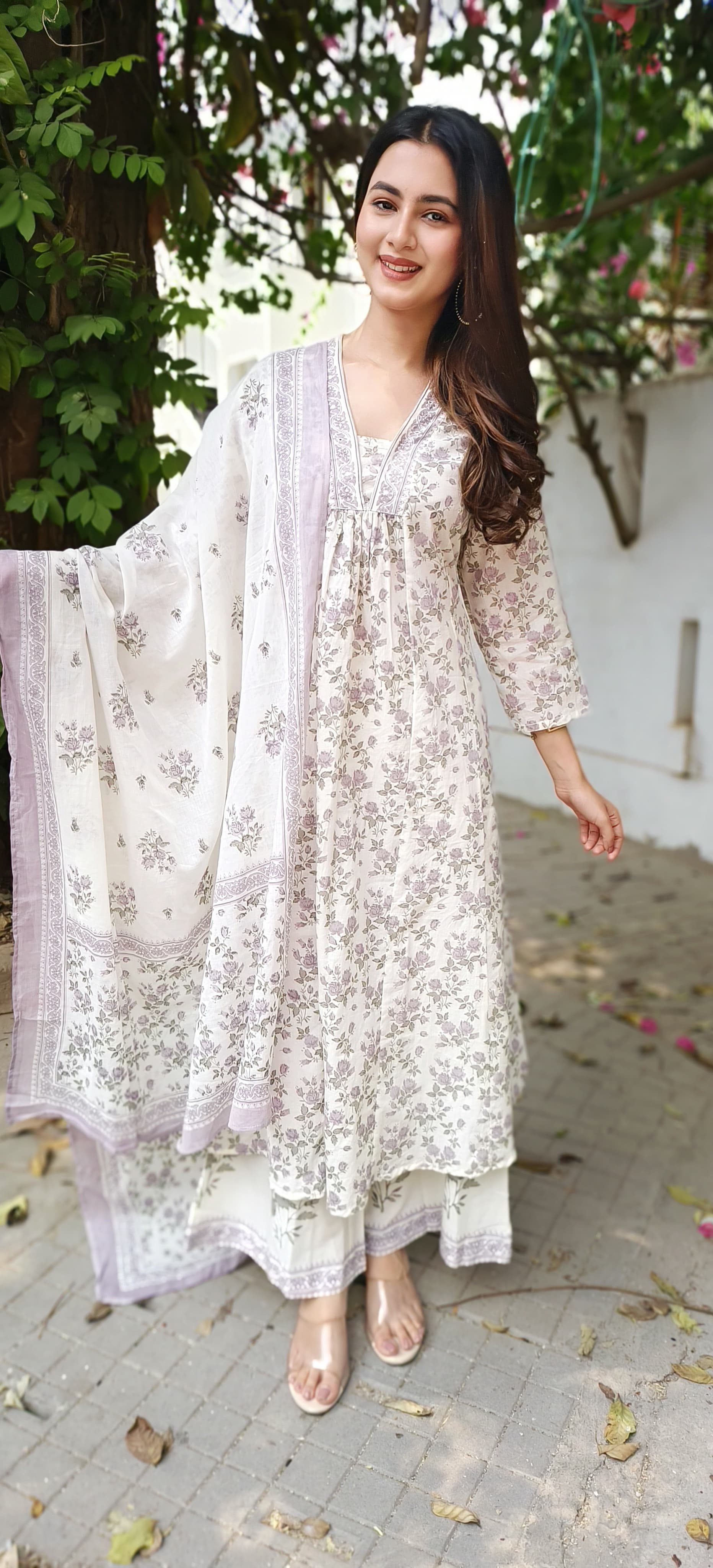 Beautiful Anarkali Floral Purple With White Printed Full Suit Set With Cotton Dupatta-04489