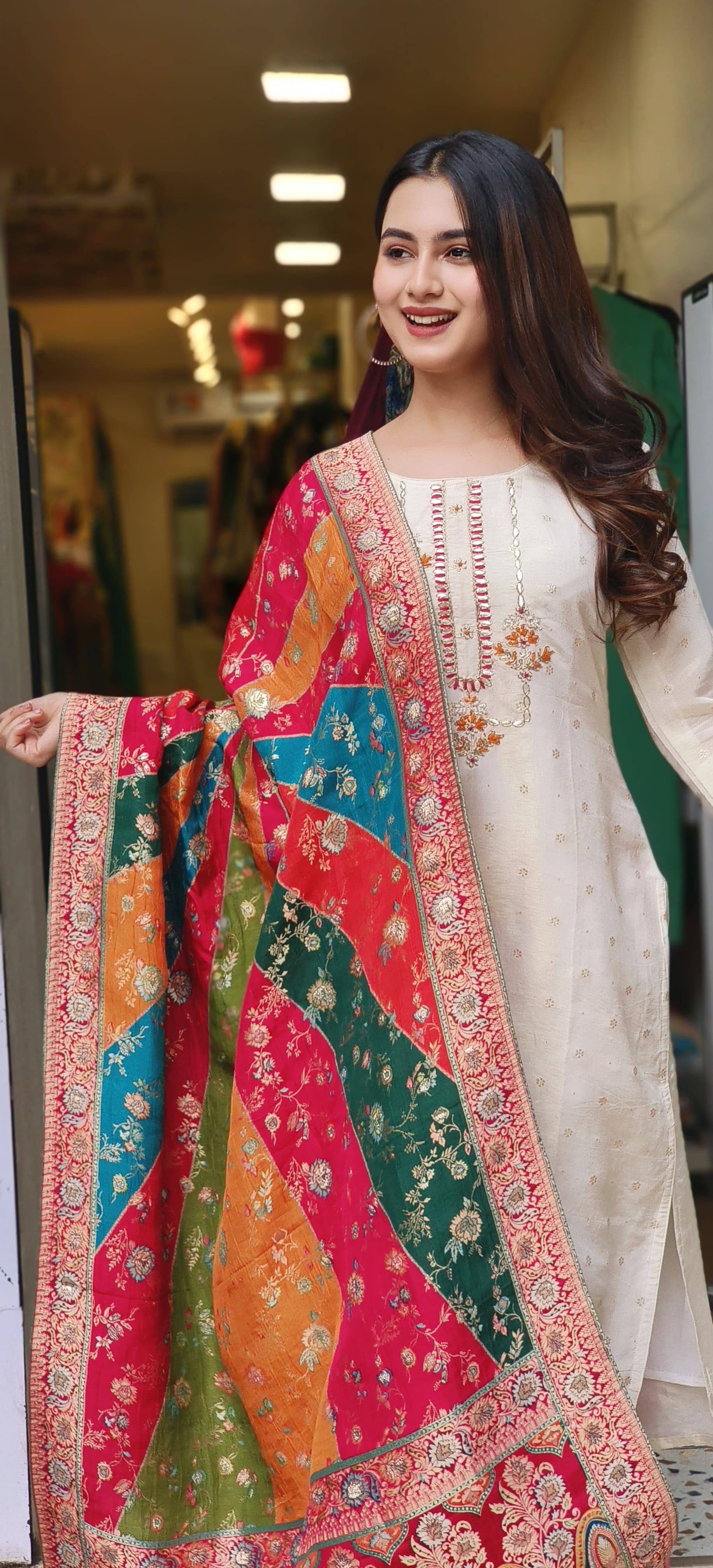 Beautiful Embroidered Shimmer Tissue Full Set  With Heavy Brocade MultiShade Dupatta-04508