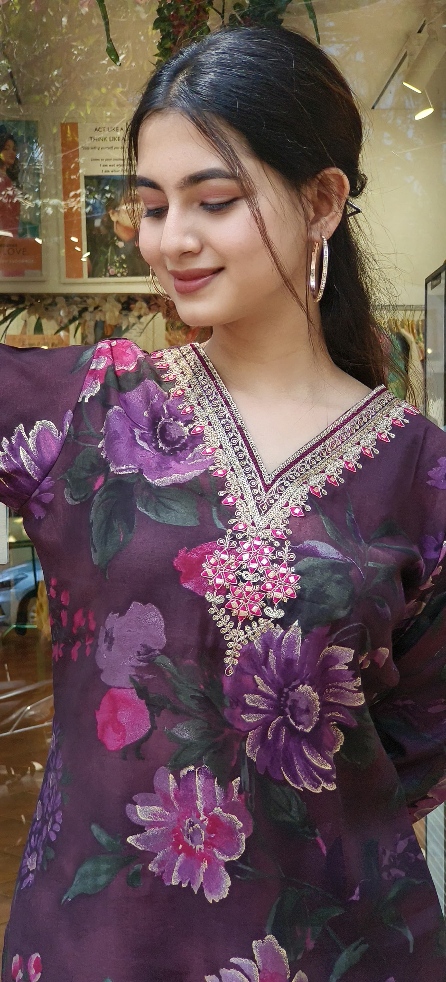 Muslin Floral Printed Zari Embroidered V-Neck only kurta-04