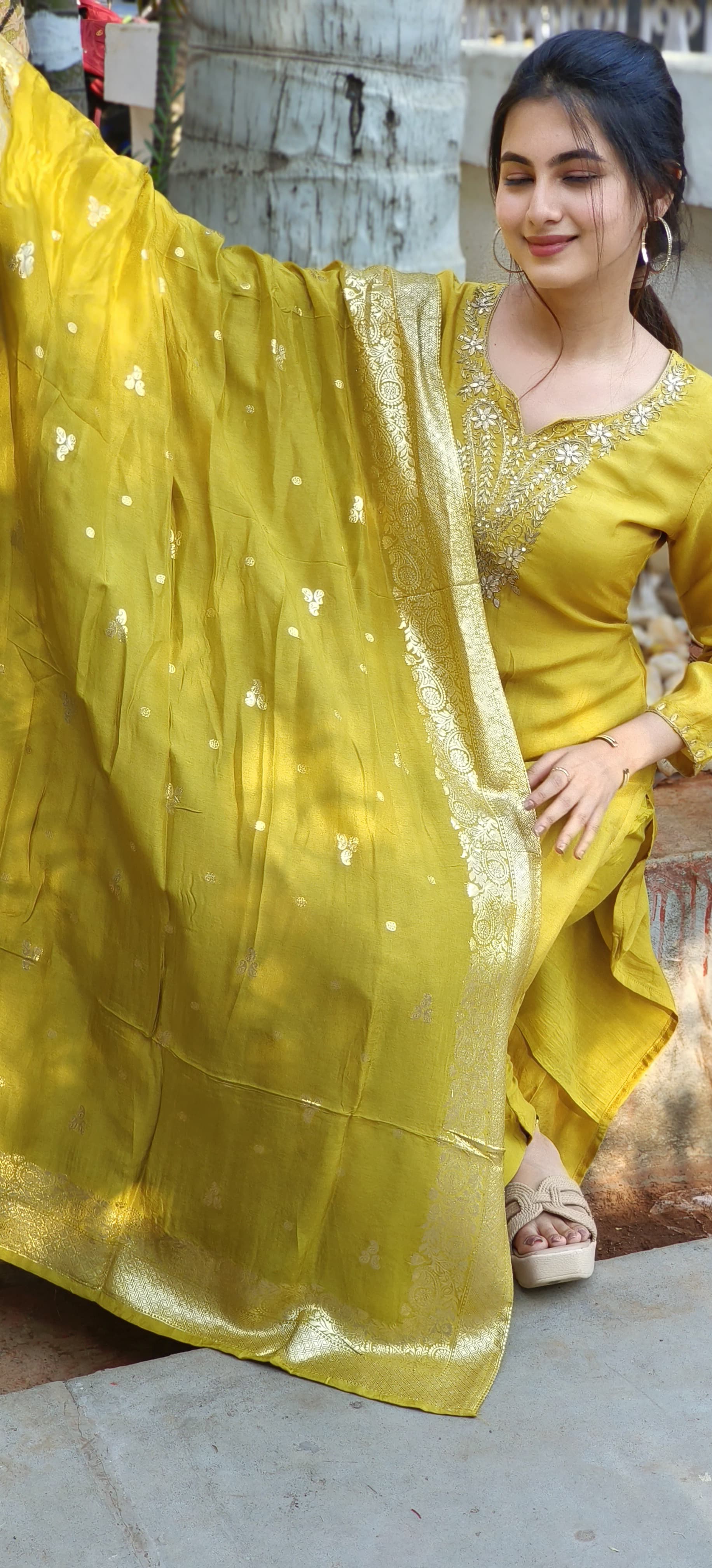 Beautiful Silk Yellow Embroidered V- Neck Silk Full Set With Heavy Brocade Dupatta 04316