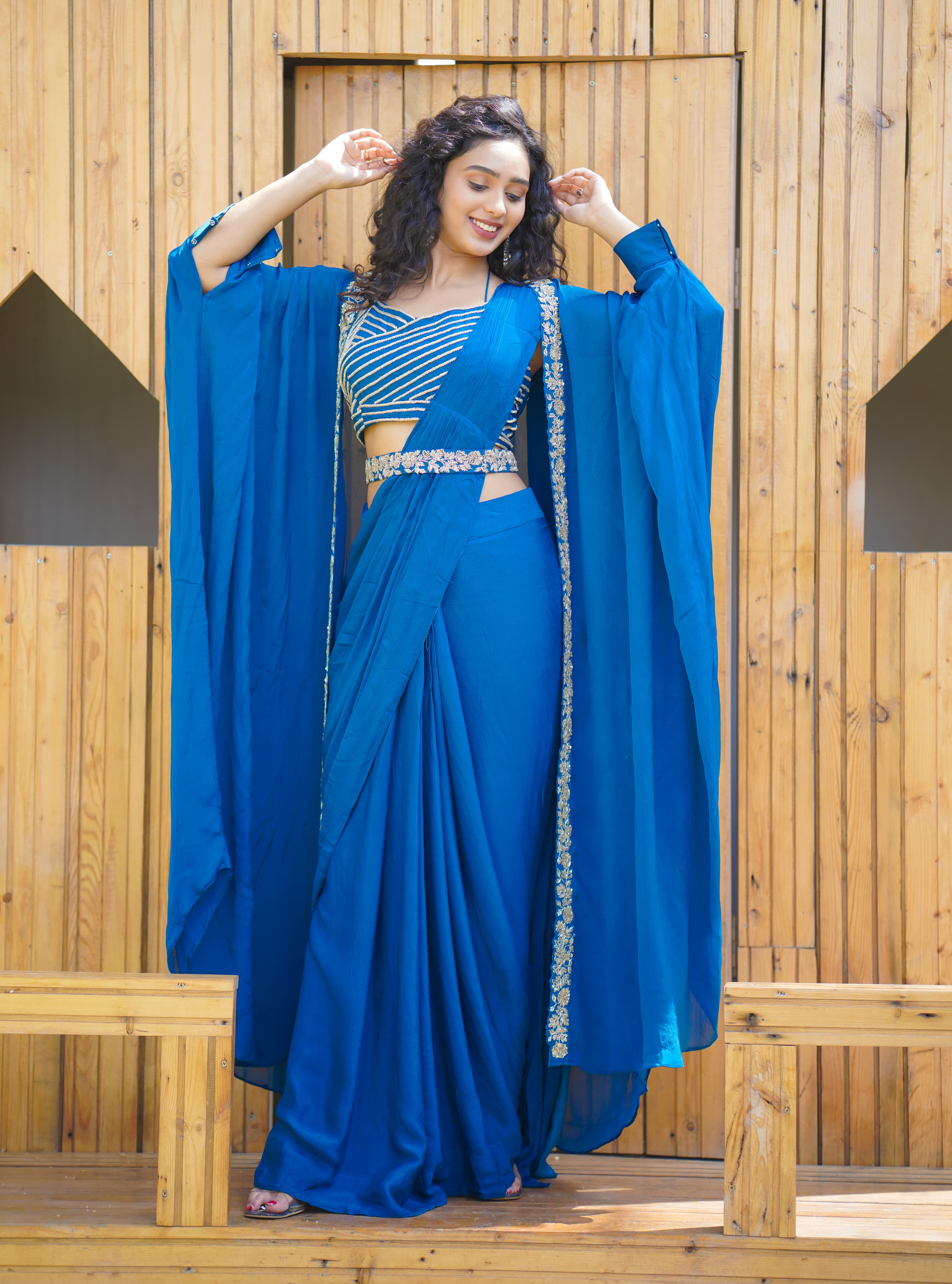 Stylish Party wear indo-western Drape Style Saree with shurg DRY WASH 04053