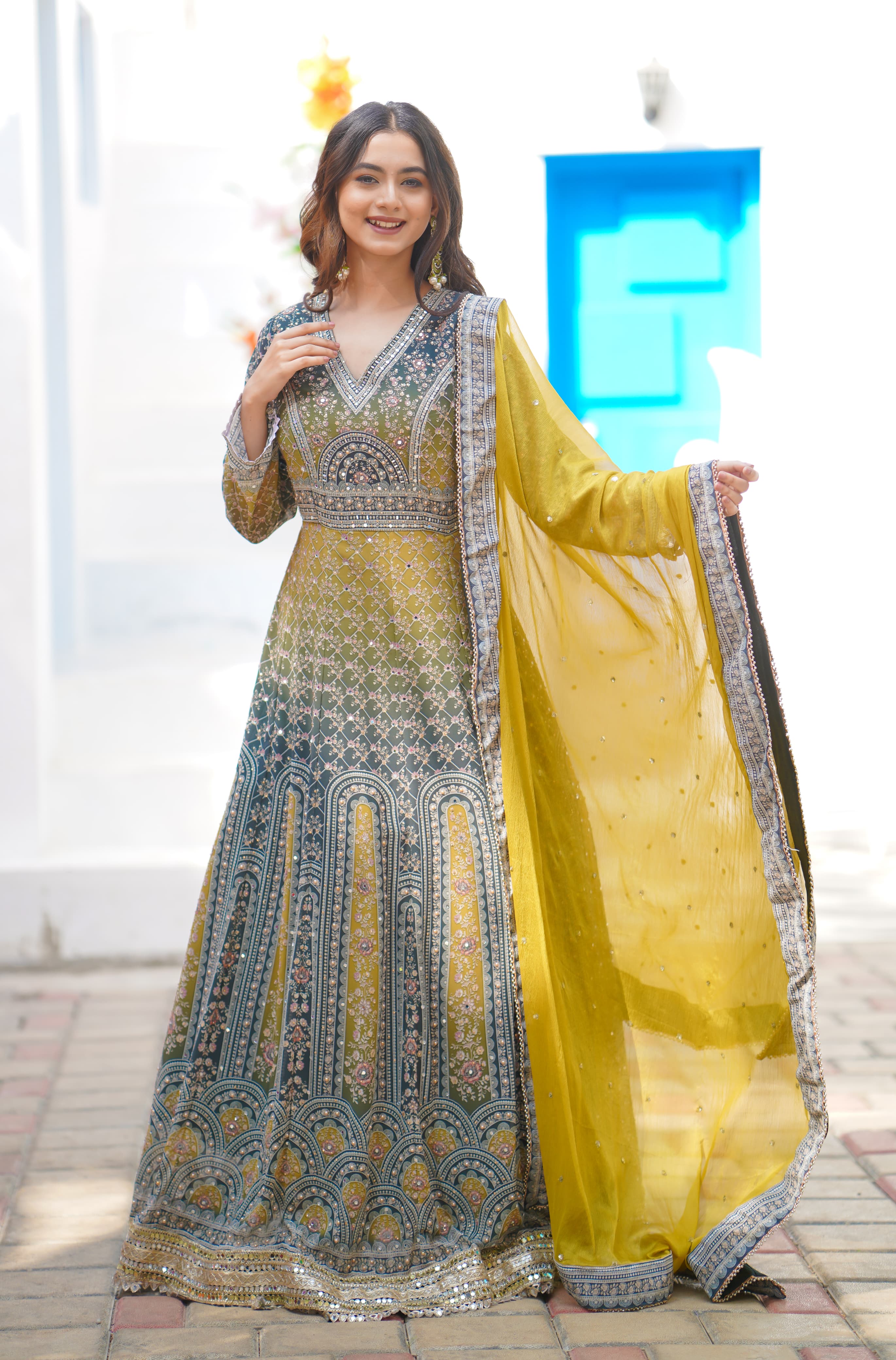 Designer Printed Heavy Party Wear embroidered Gown with Cancan DRYWASH-03968