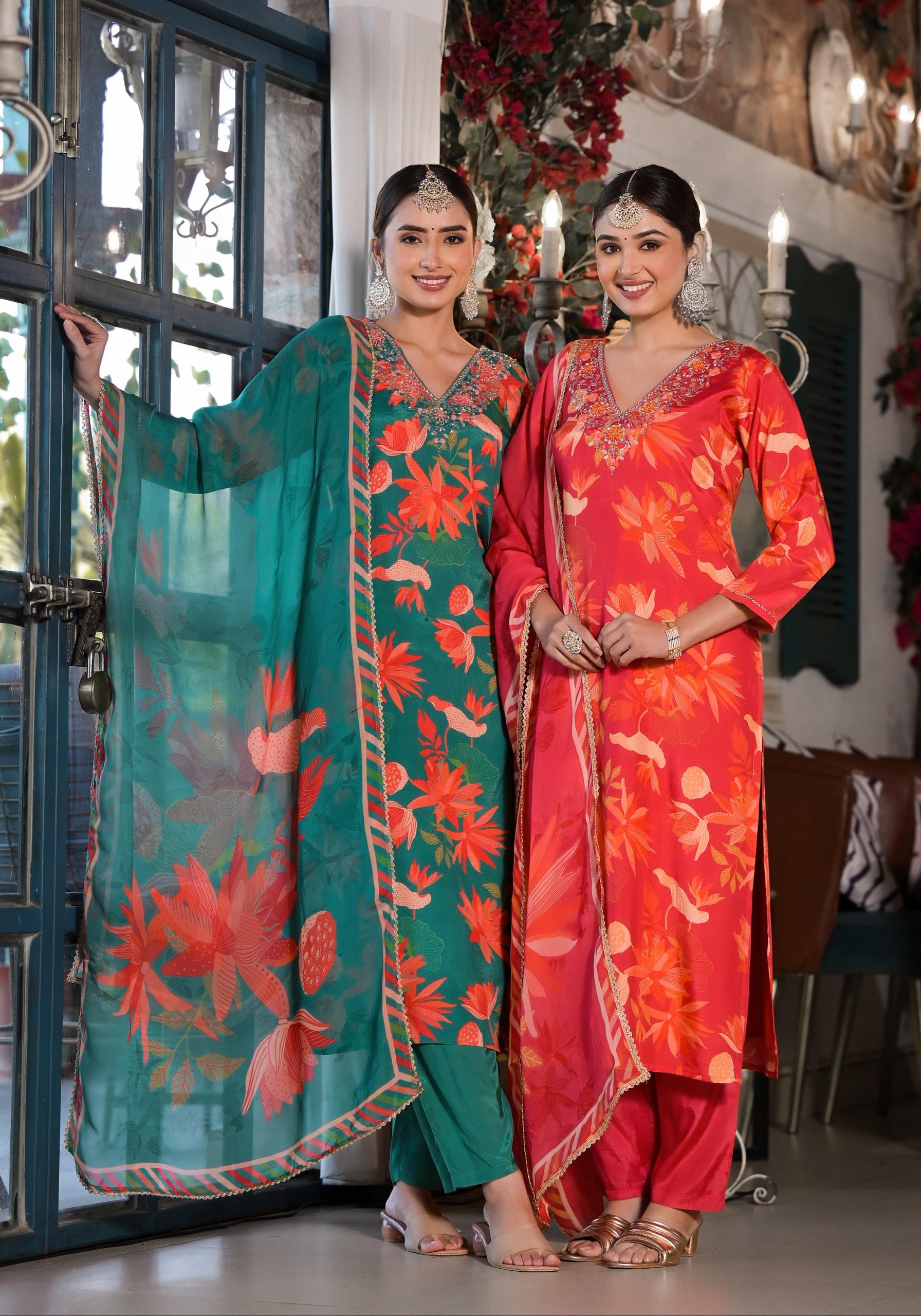 Beautiful Floral Embroidered V Neck shade muslin full set with organza dupatta DRY WASH-041096
