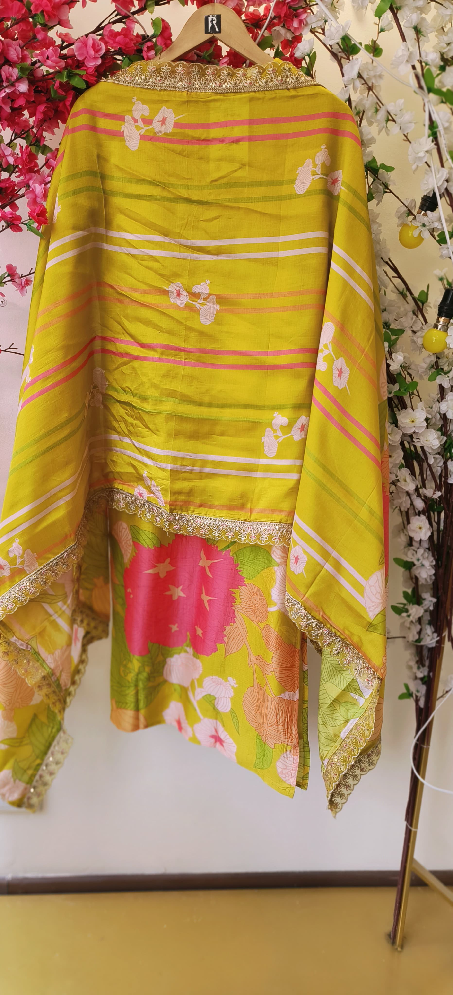 Beautiful silk neck Shimmer printed kurta with pant set and beautiful embroiderey dupatta DRY WASH-04311