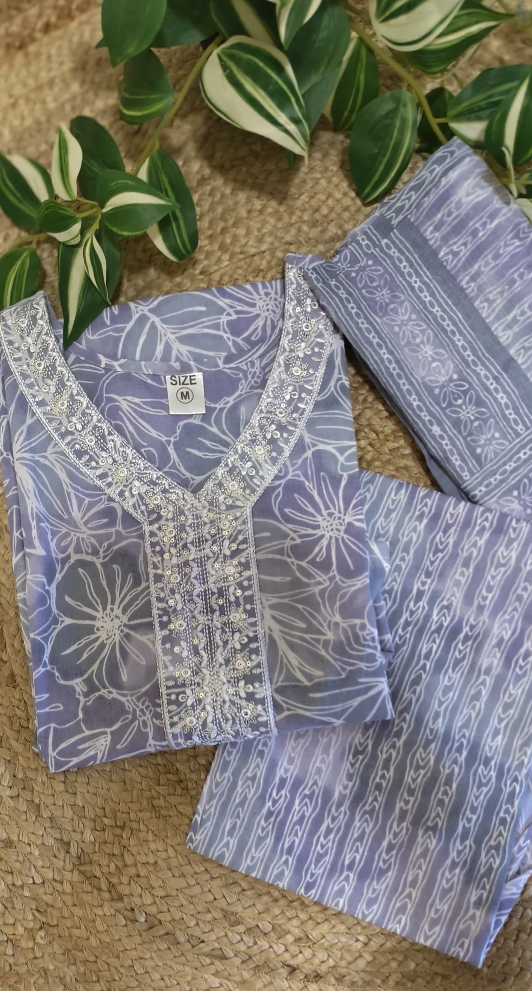 Floral Light Ice Blue Thread Embroidered V Neck  Full Suit with Cotton Dupatta  (Dispatching Will Be From Friday)