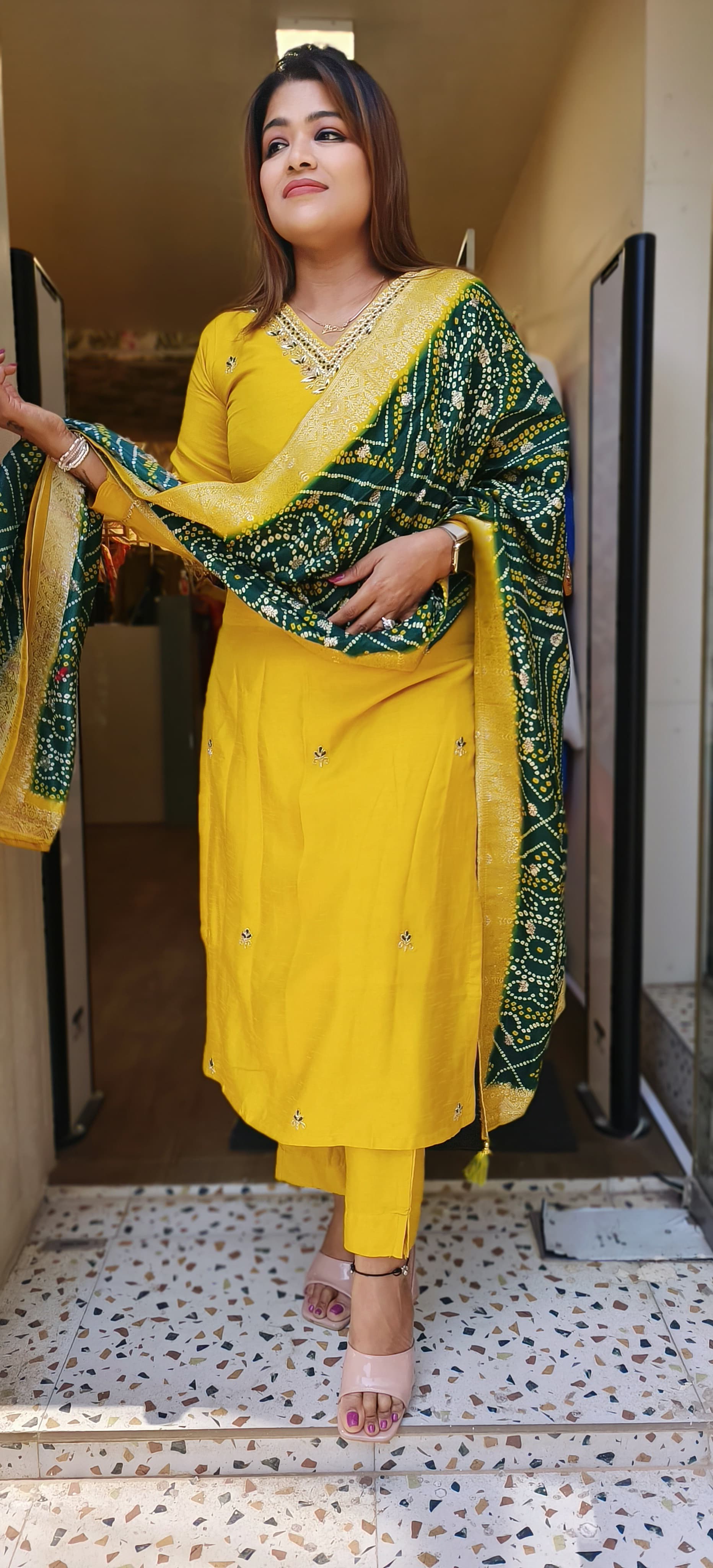 Beautiful Yellow Silk  embroidered  full suit set with Bandani Brocade dupatta 04795 Lean Fit