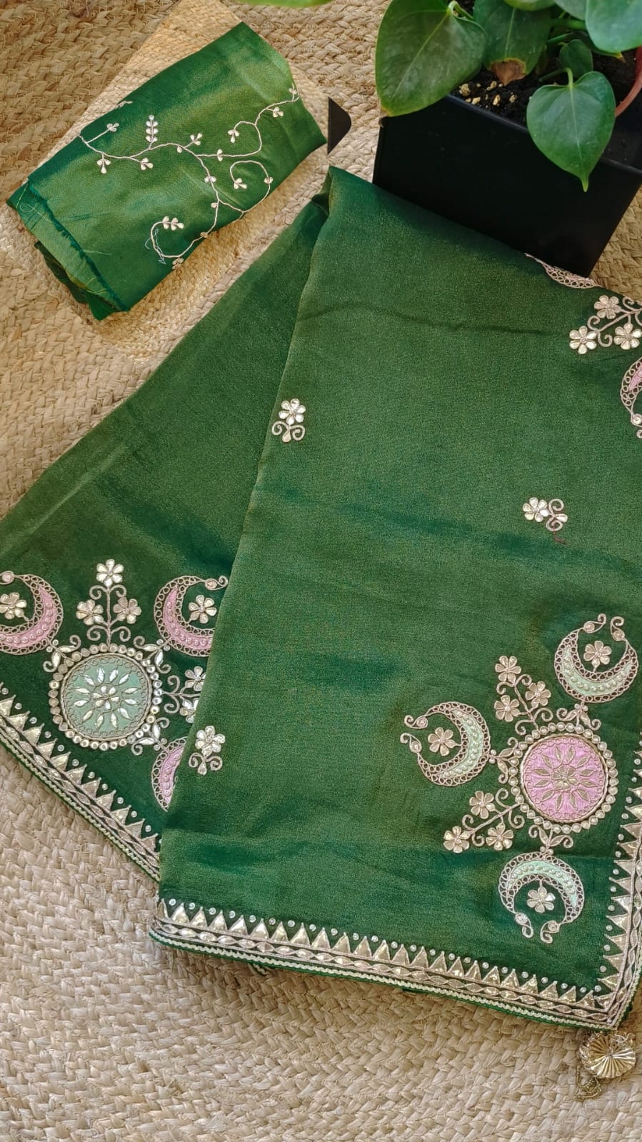 Embroidered Tissue Green Gotta Work Saree with unstitched stitched blouse DRYWASH-04958