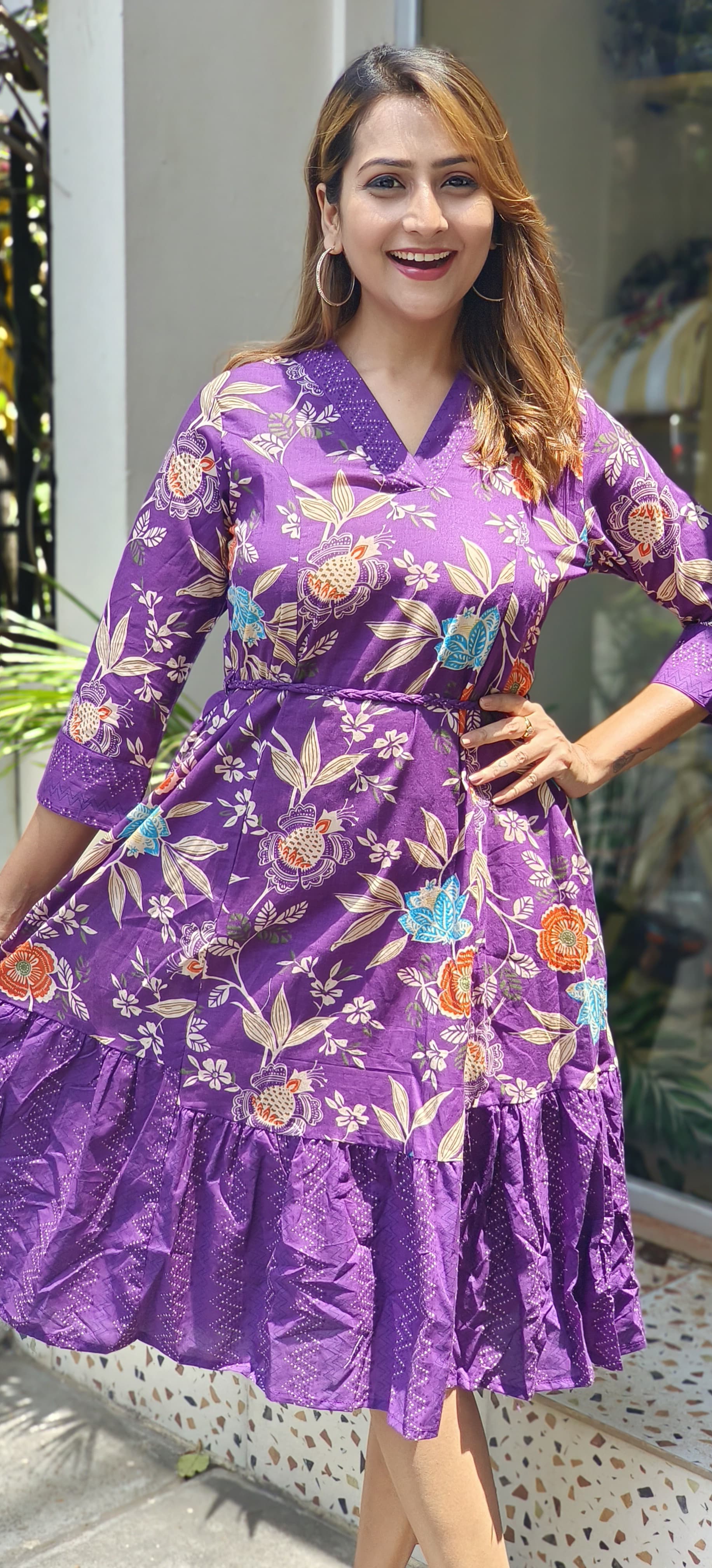 Purple Floral Cotton V -neck printed Knee Length Collar Frock with 3/4th Sleeves