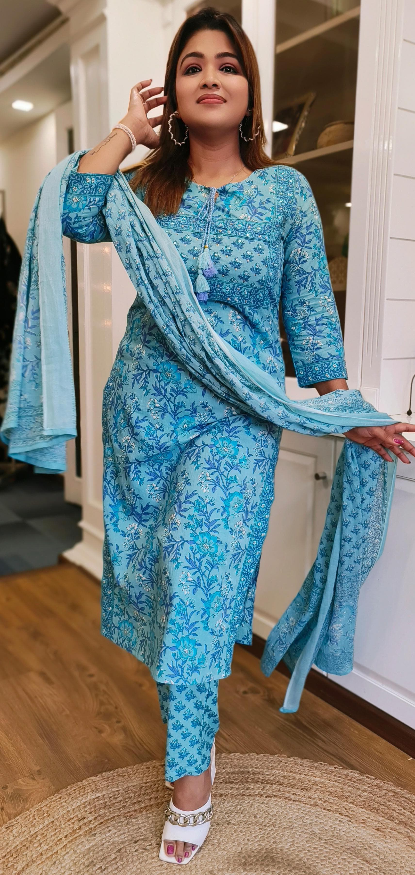 Blue Printed Cotton Floral Full Suit with Cotton Dupatta-05023