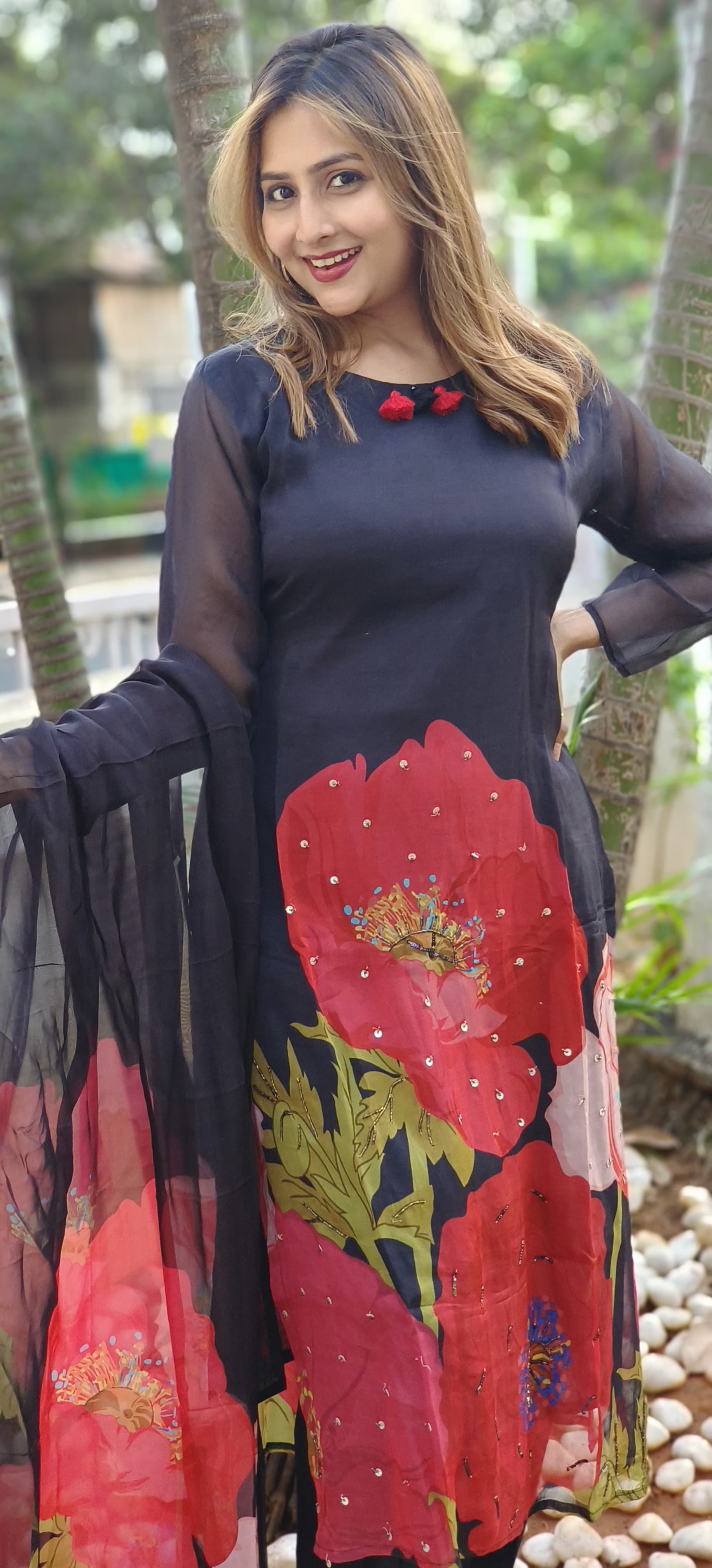 Beautiful Organza Black Floral Full Suit with Organza Dupatta  Set of 3-04507