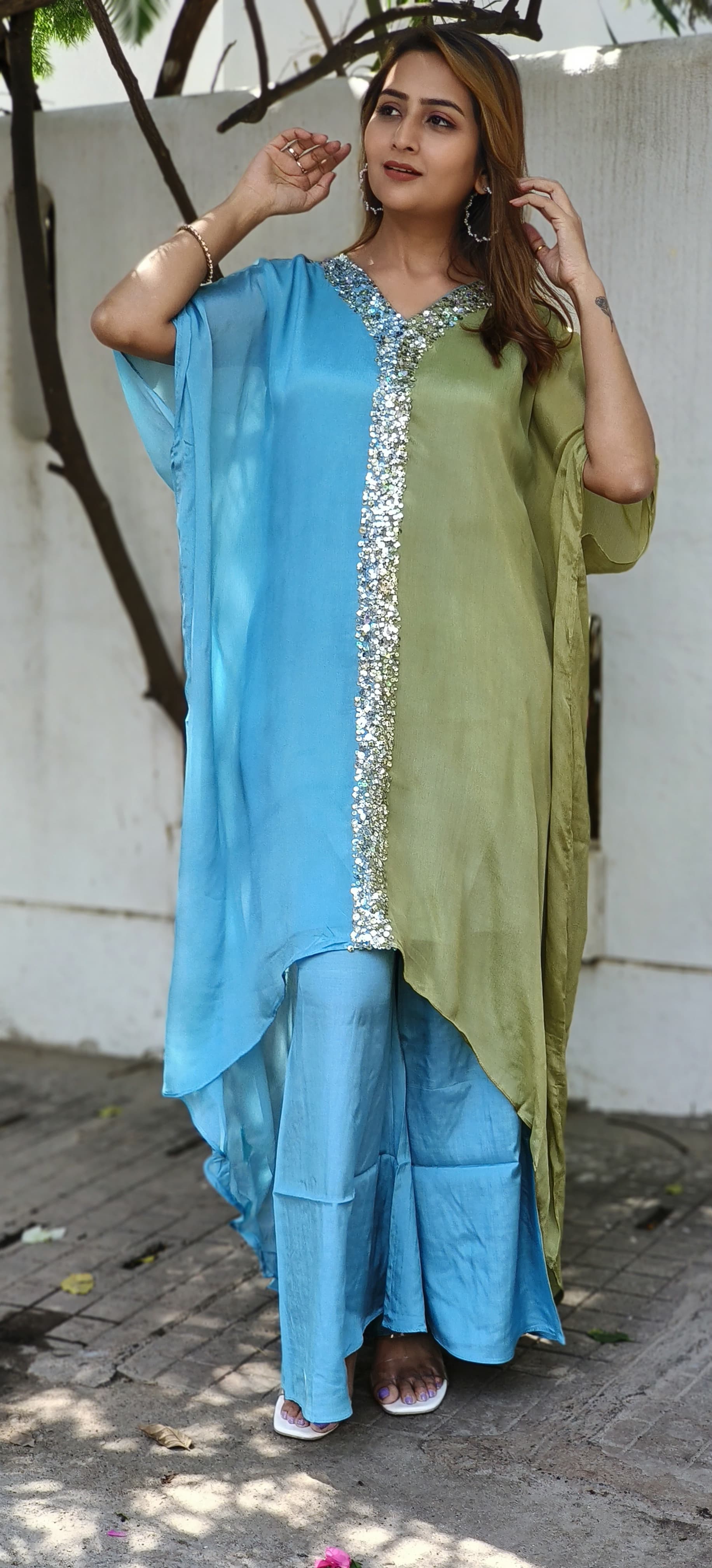 Designer Double Shaded embroidered Party Wear Chinon Kaftan With Straight Bottom DRYWASH 4612