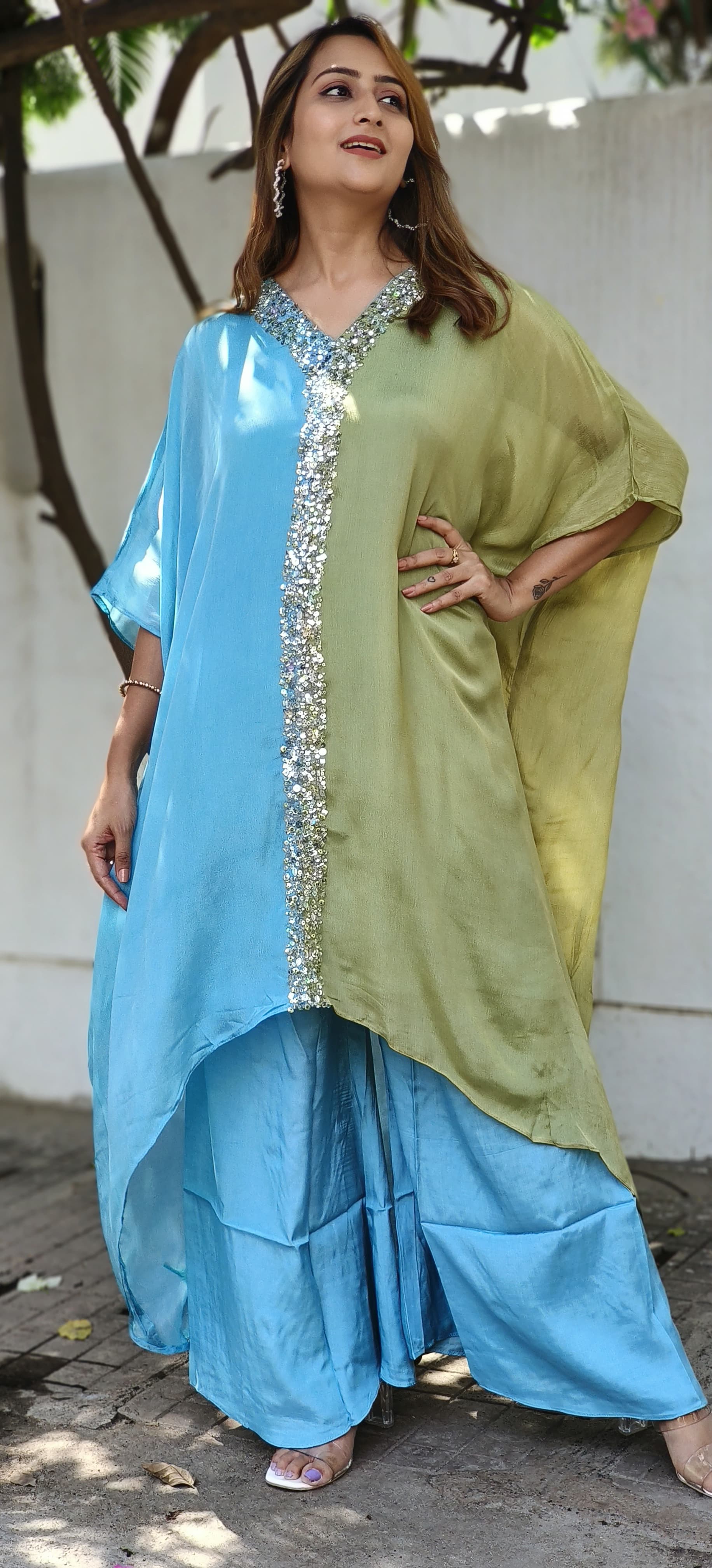 Designer Double Shaded embroidered Party Wear Chinon Kaftan With Straight Bottom DRYWASH 4612