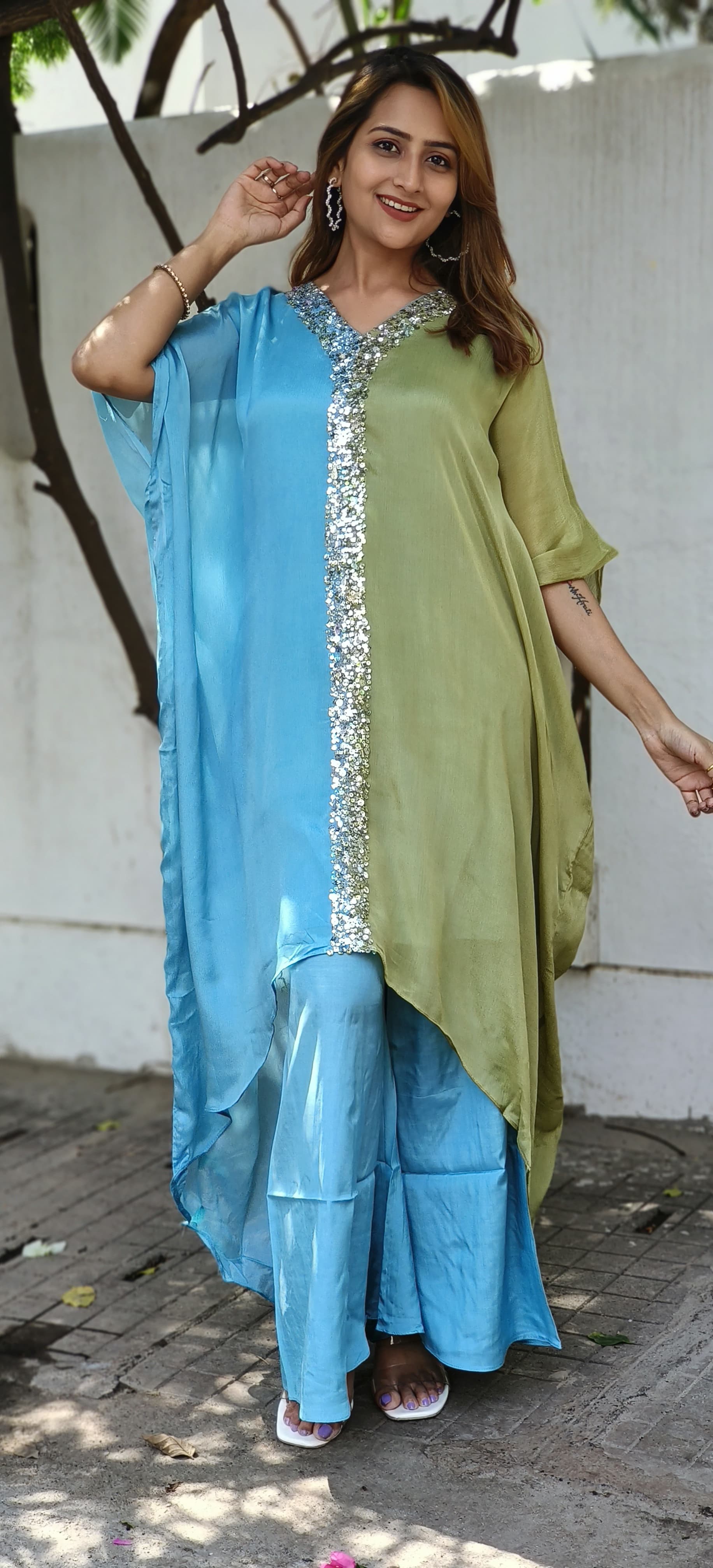 Designer Double Shaded embroidered Party Wear Chinon Kaftan With Straight Bottom DRYWASH 4612