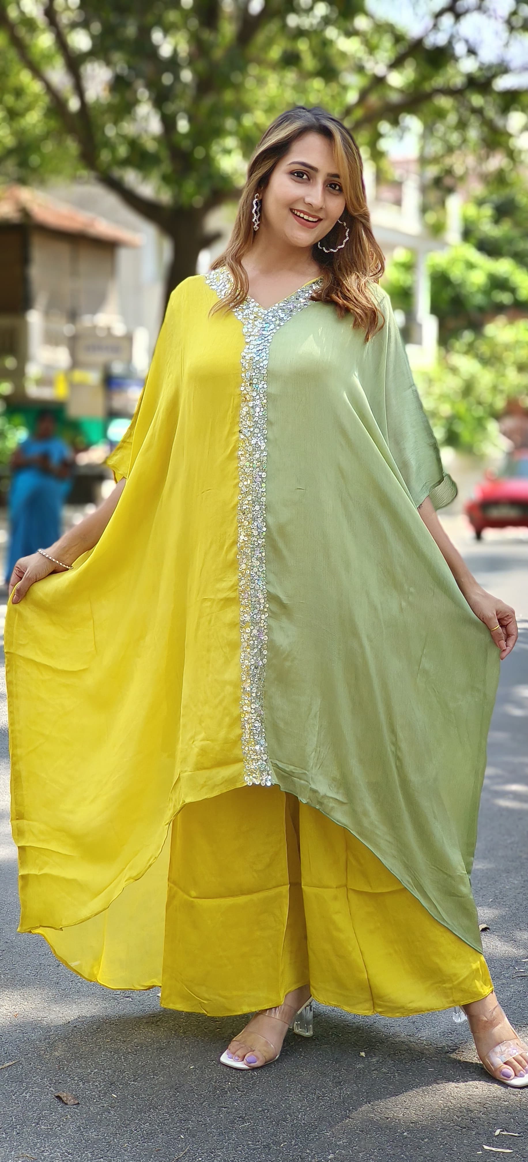 Designer Double Shaded embroidered Party Wear Chinon Kaftan With Straight Bottom DRYWASH 4612