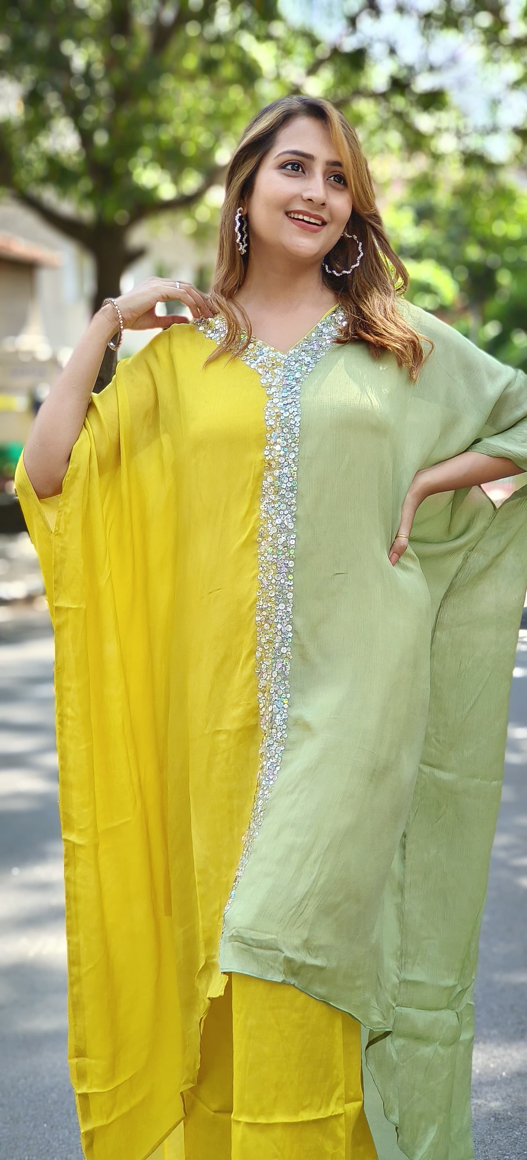 Designer Double Shaded embroidered Party Wear Chinon Kaftan With Straight Bottom DRYWASH 4612