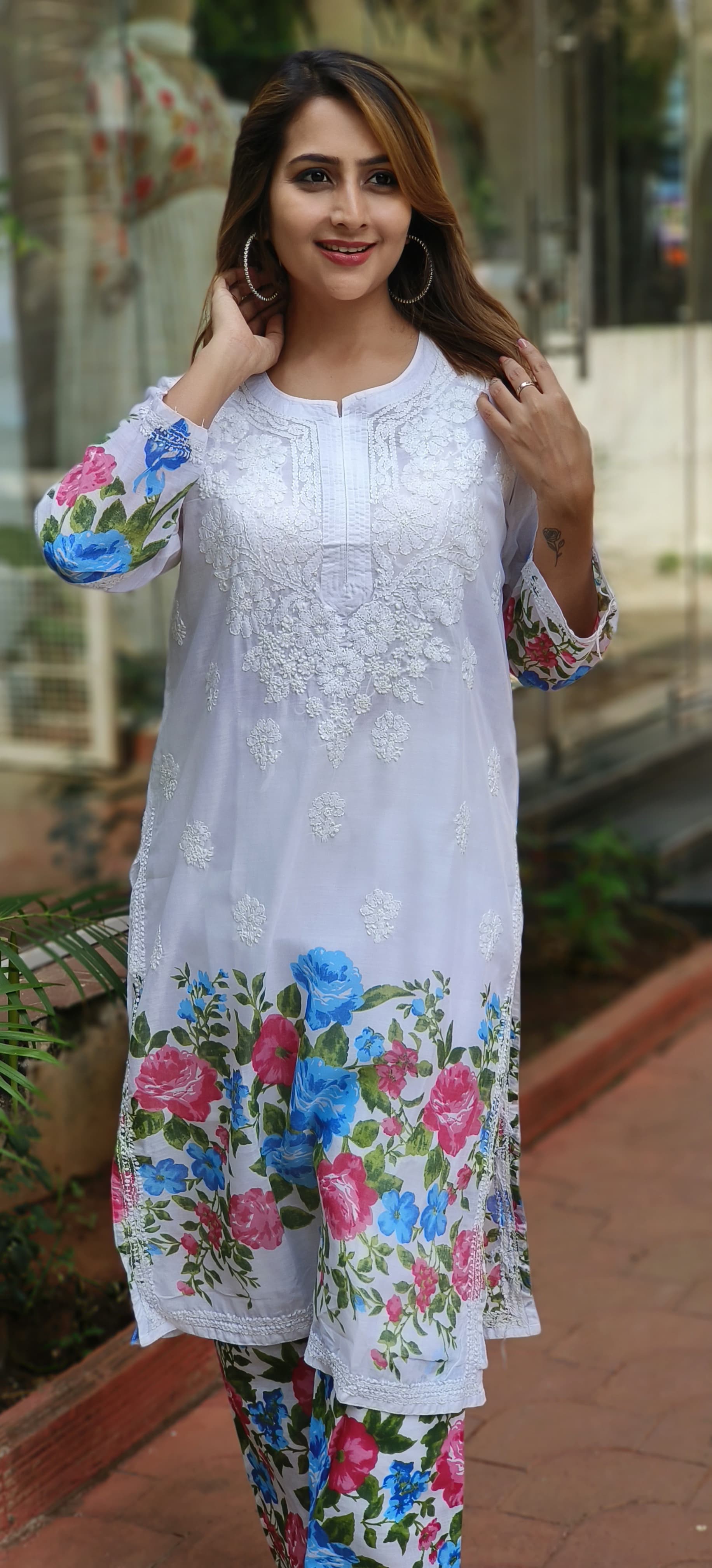 Cotton Summer Chikankari White Embroidered and printed kurta pant with Separate Linig-05387-86