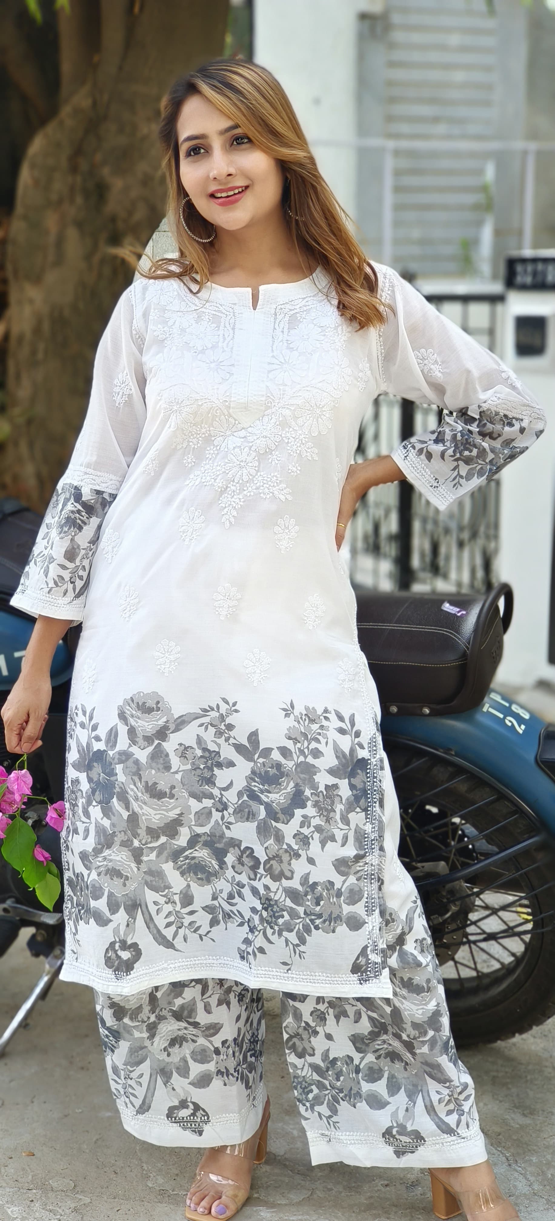 Cotton Summer Chikankari White Embroidered and printed kurta pant with Separate Linig-05387-86