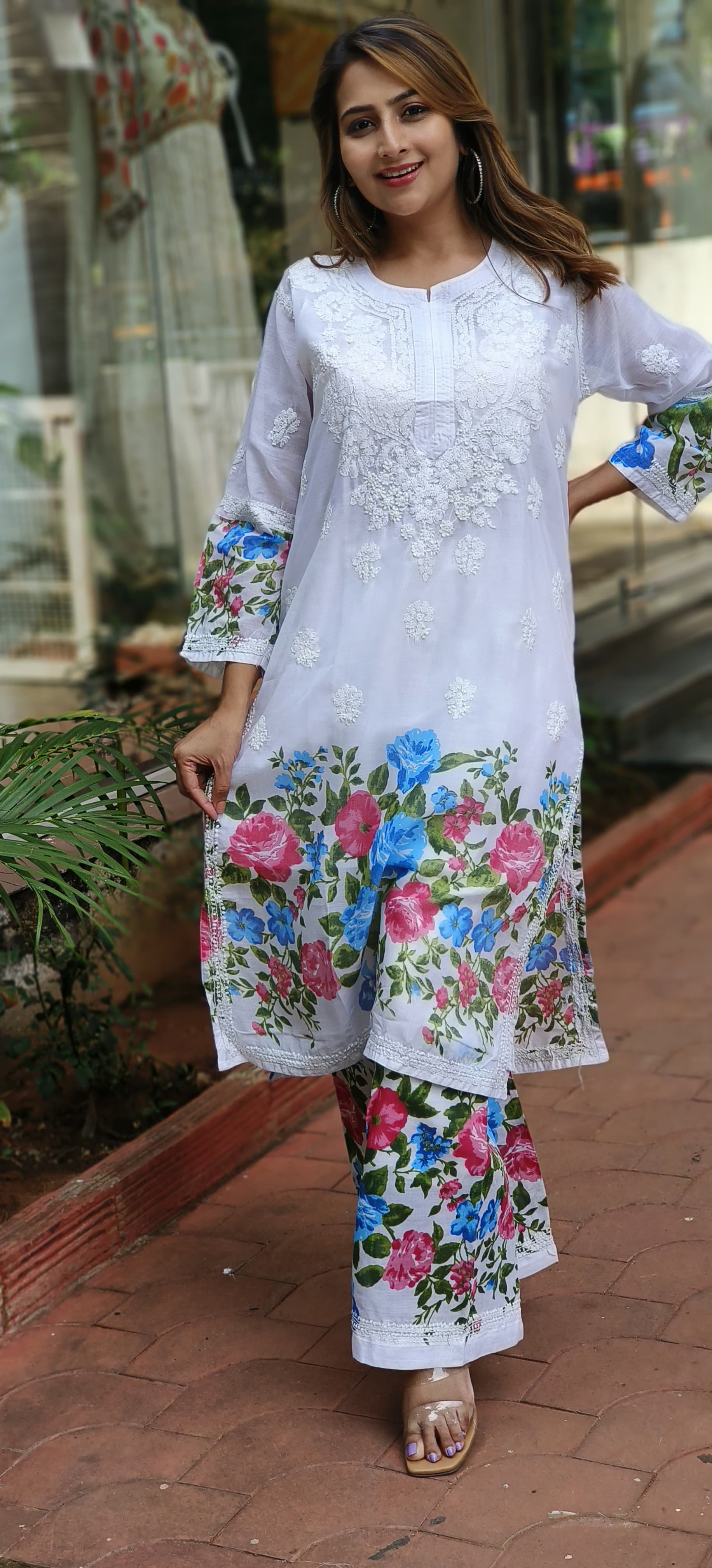 Cotton Summer Chikankari White Embroidered and printed kurta pant with Separate Linig-05387-86