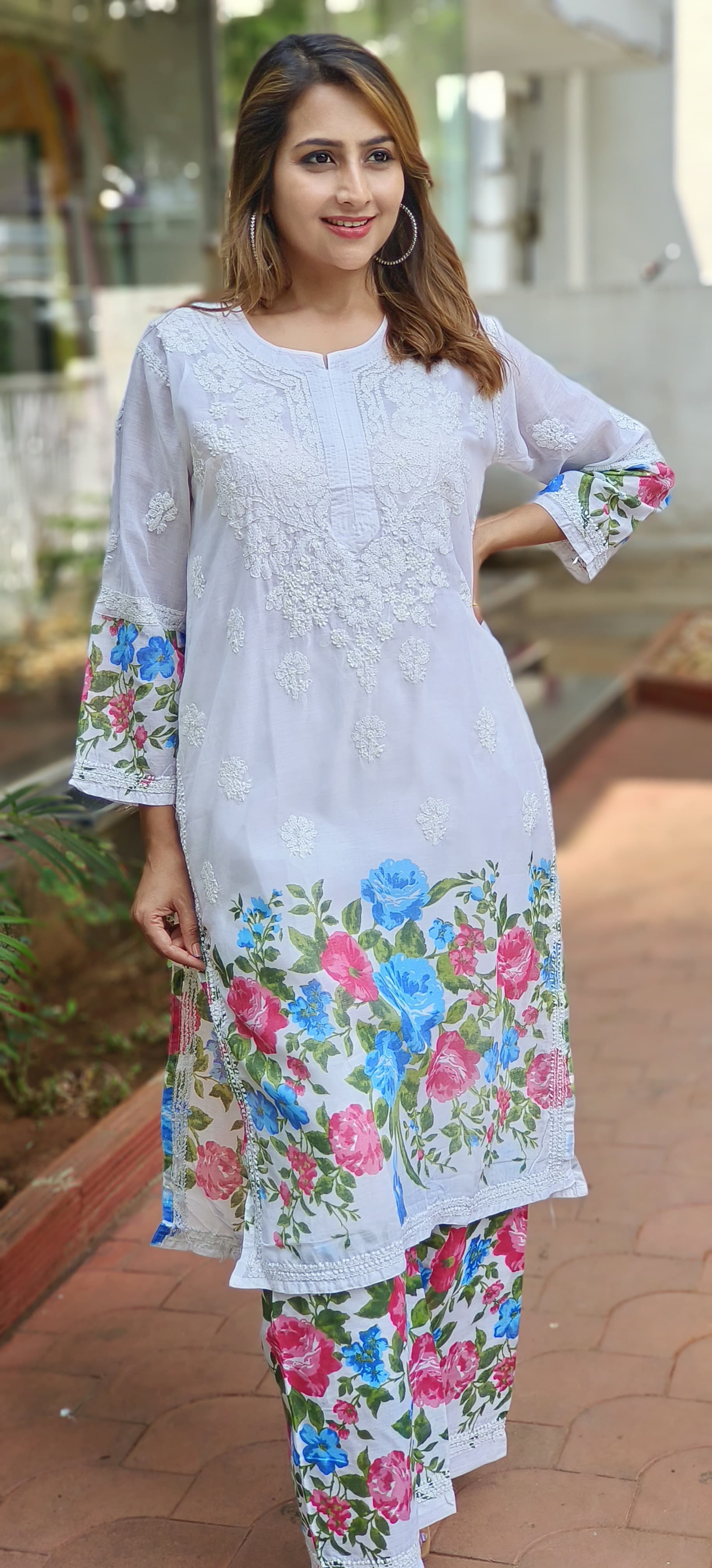 Cotton Summer Chikankari White Embroidered and printed kurta pant with Separate Linig-05387-86