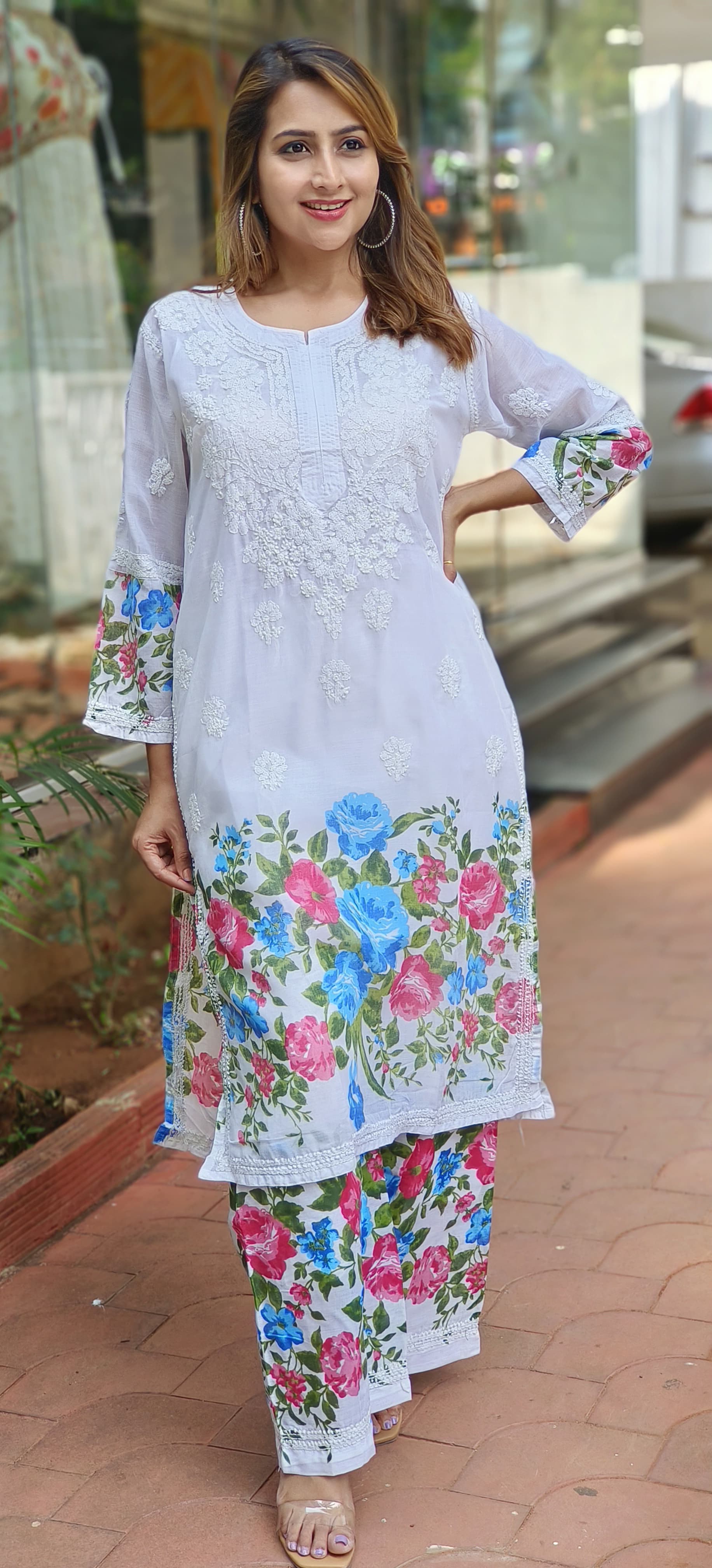 Cotton Summer Chikankari White Embroidered and printed kurta pant with Separate Linig-05387-86