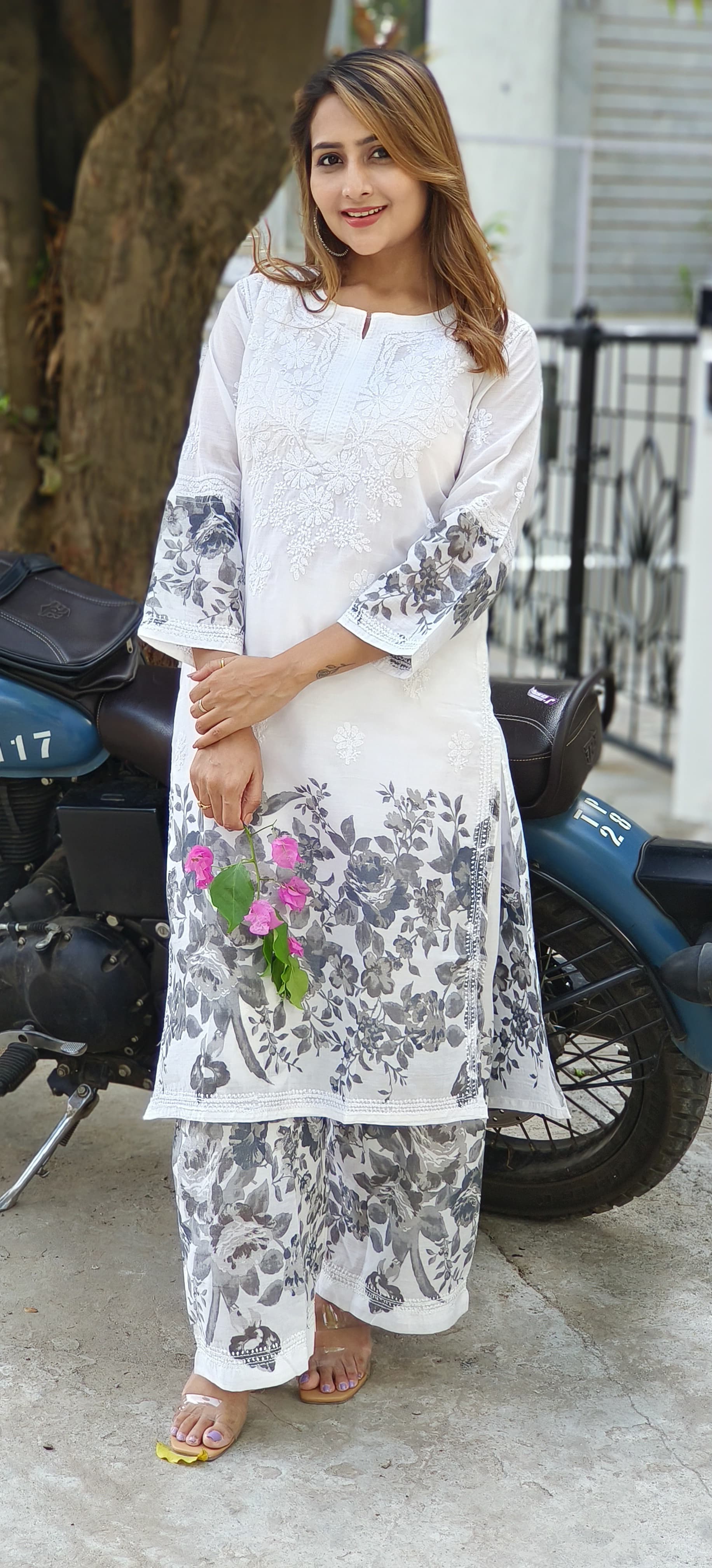 Cotton Summer Chikankari White Embroidered and printed kurta pant with Separate Linig-05387-86