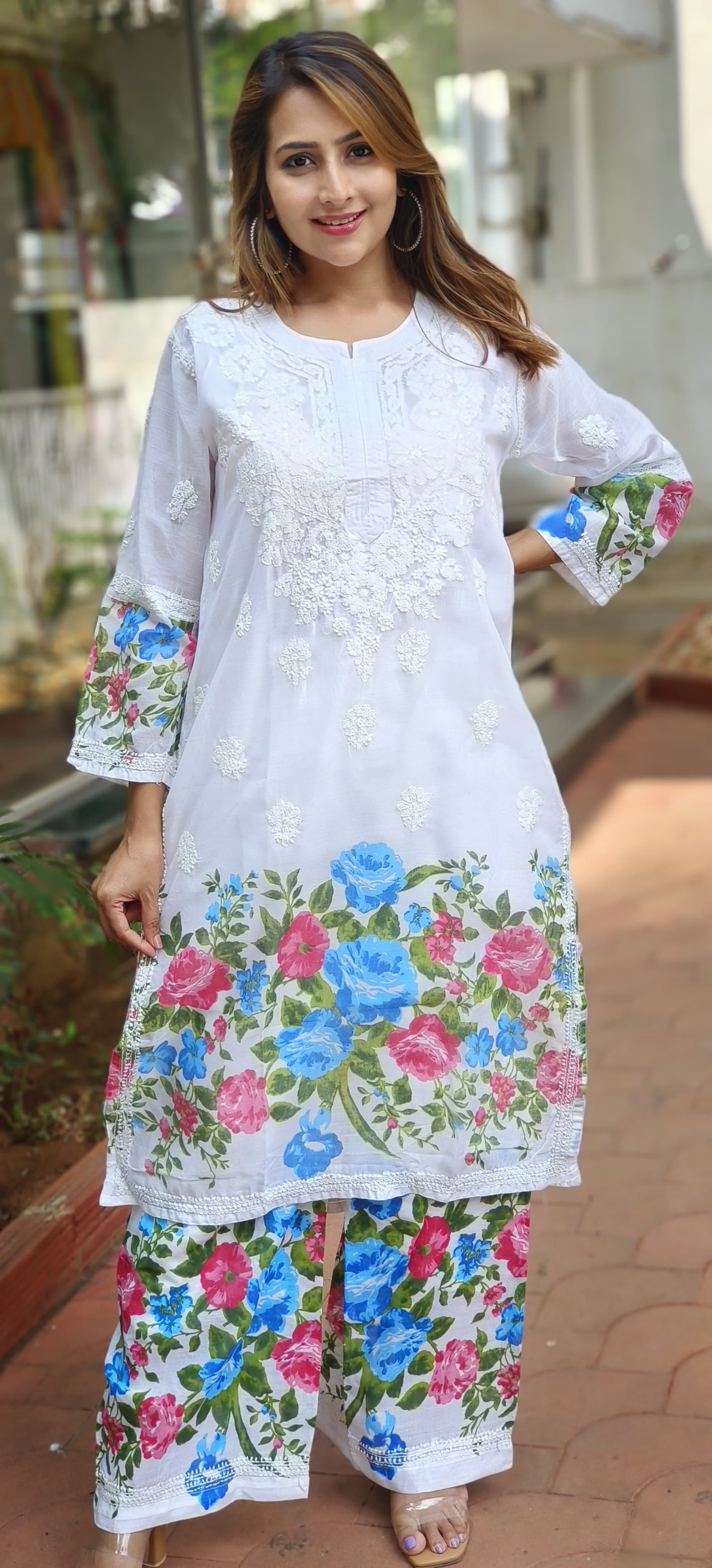 Cotton Summer Chikankari White Embroidered and printed kurta pant with Separate Linig-05387-86