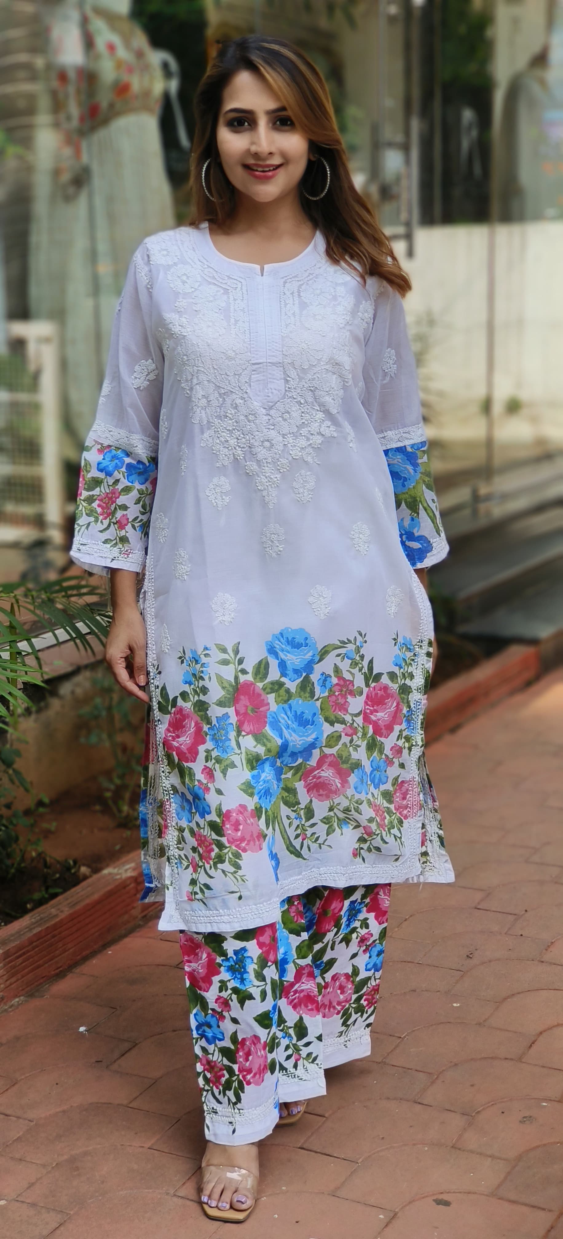 Cotton Summer Chikankari White Embroidered and printed kurta pant with Separate Linig-05387-86